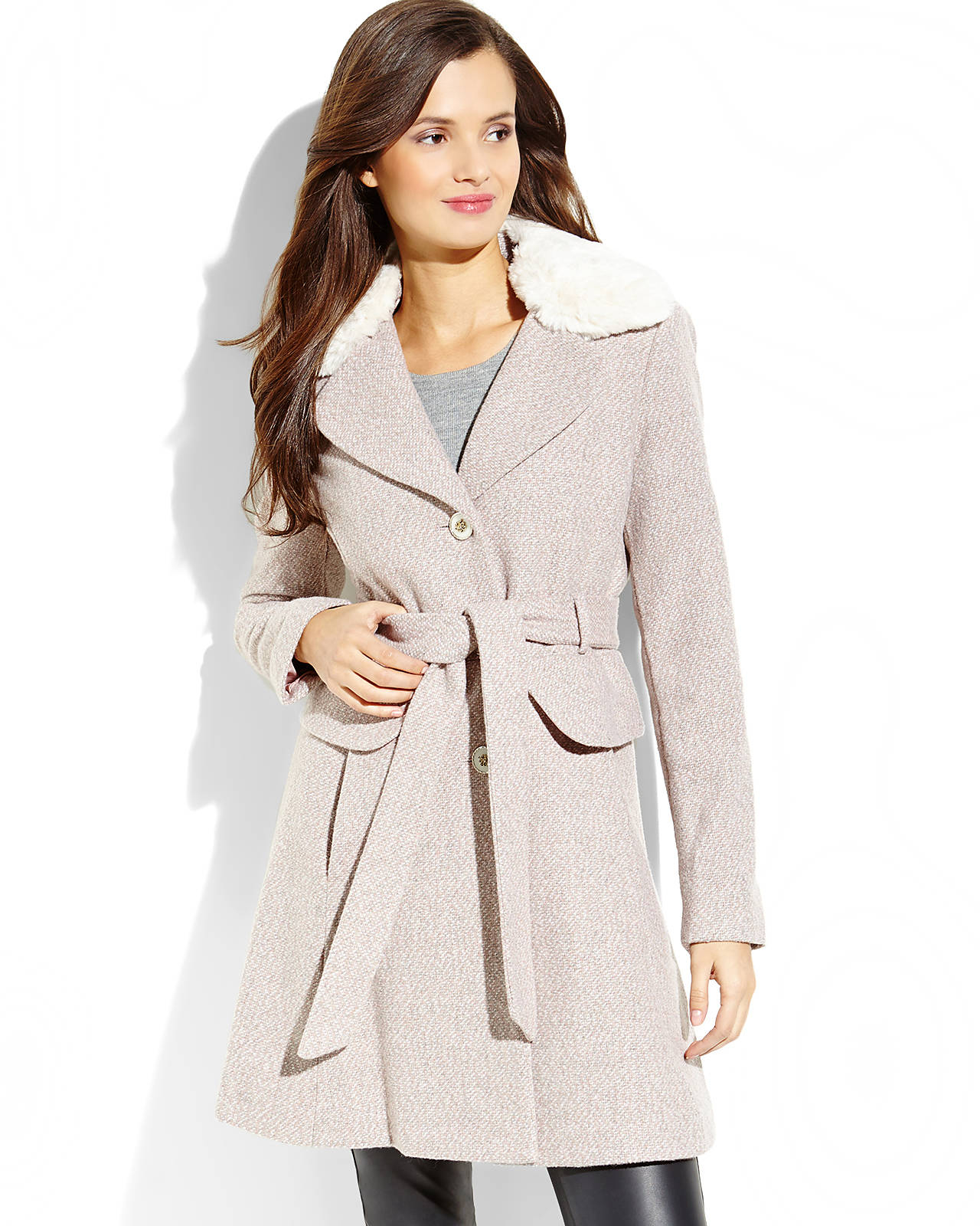 Jessica simpson Blush Faux Fur Trim Tweed Coat in Gray | Lyst1280 x 1600