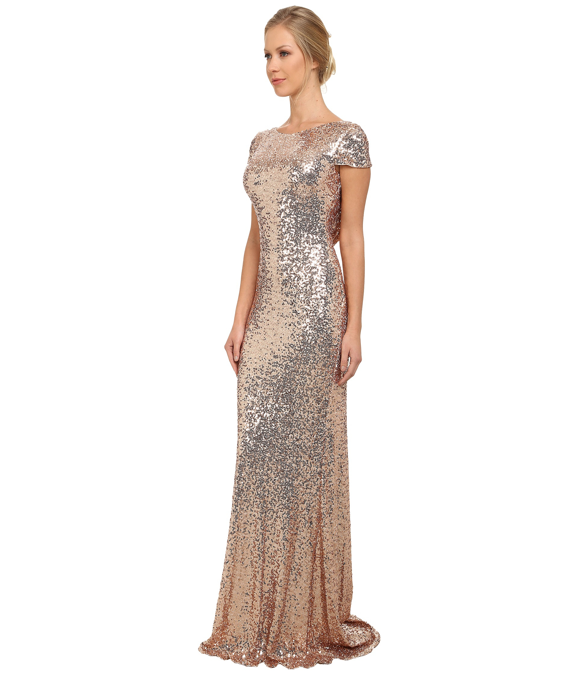 Badgley mischka Stretch Sequin Cowl Back Gown in Silver (Blush) | Lyst