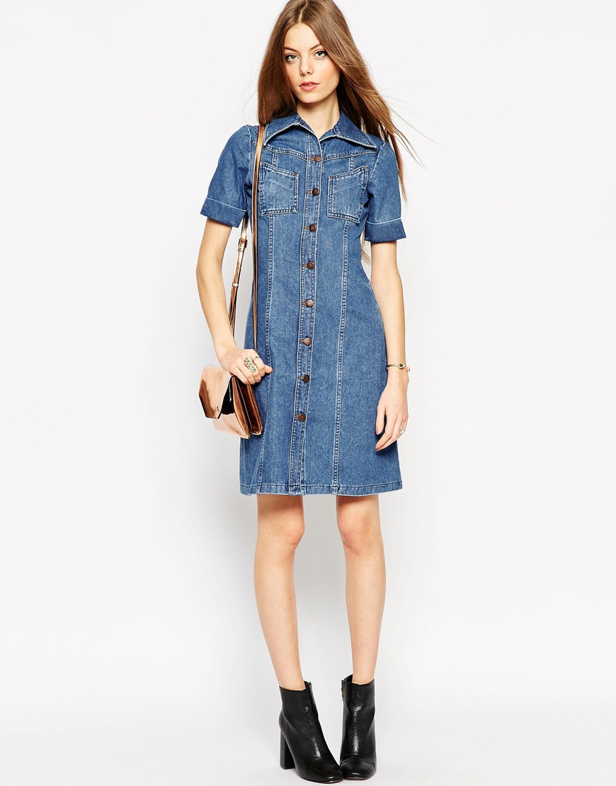 Lyst - Asos Denim A-line Midi Dress In Mid Wash Blue With Turn Up ...