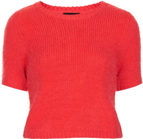 Topshop Short Sleeve Fluffy Crop Jumper in Red | Lyst