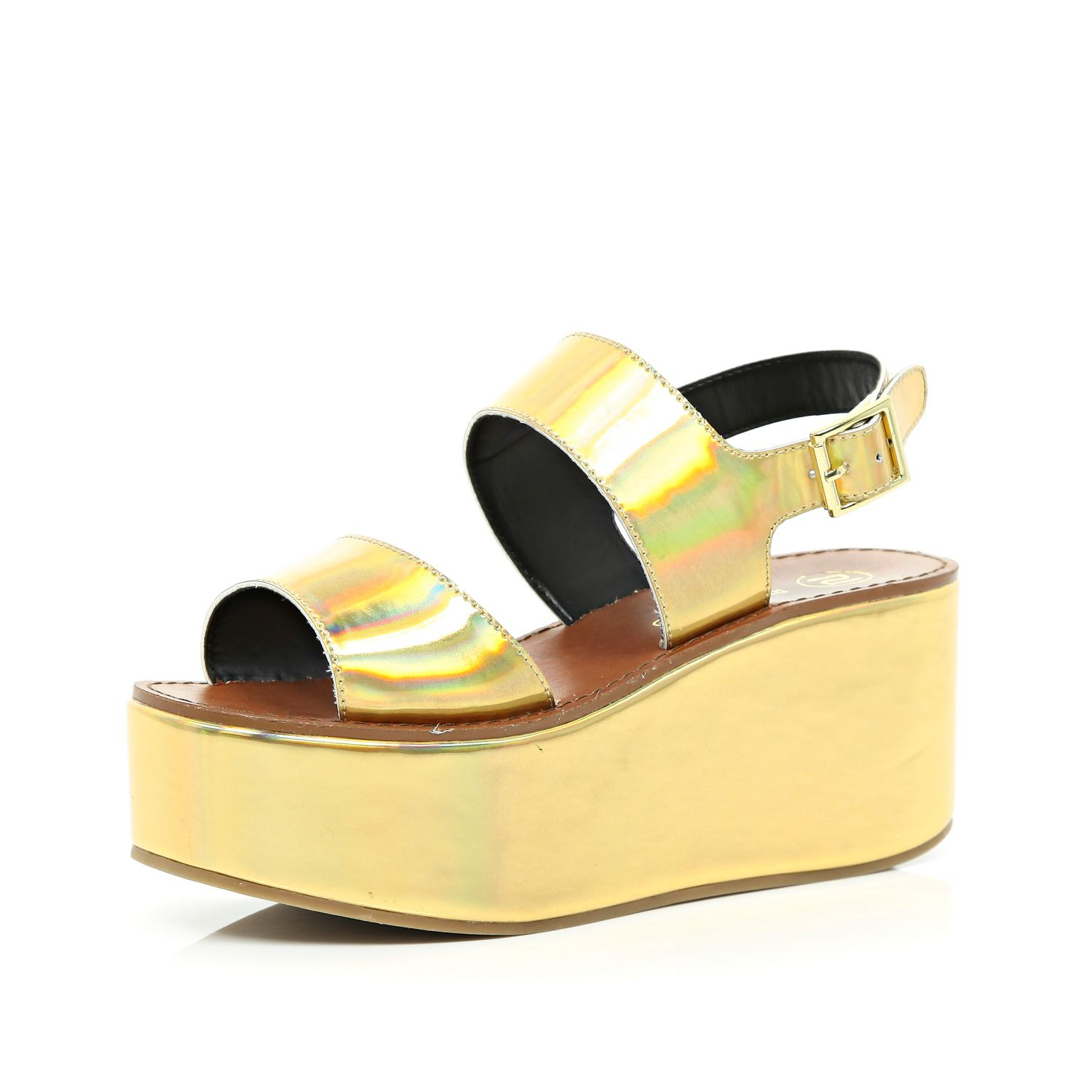 River Island Gold Holographic Flatform Sandals in Gold (Yellow) | Lyst