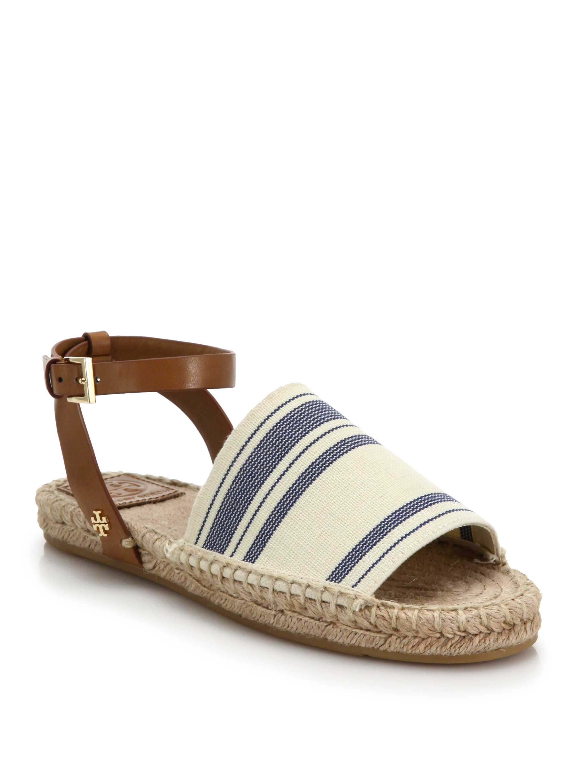 Lyst - Tory Burch Leather & Striped Woven Espadrille Sandals in Natural