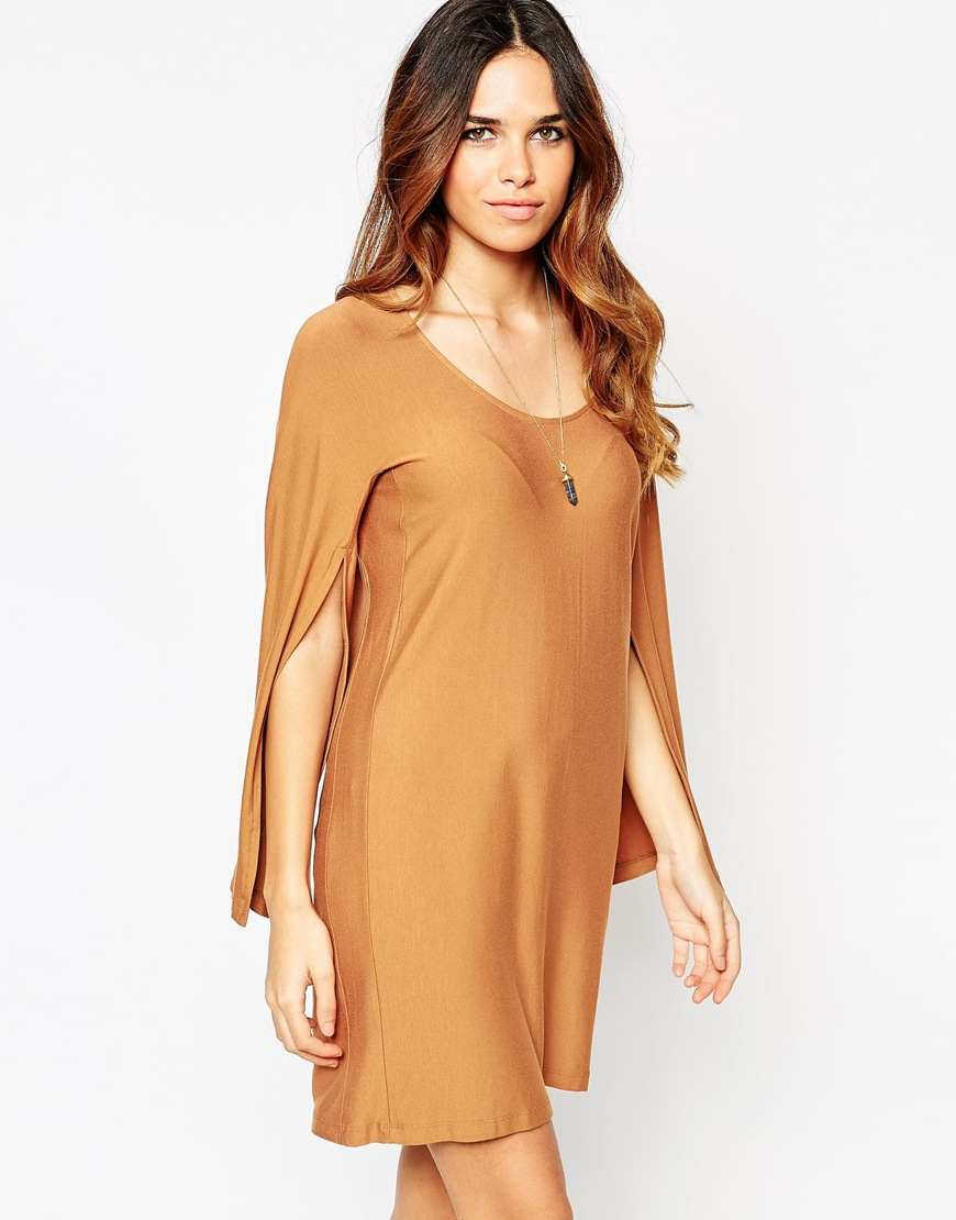 Asos Caped Sleeve Dress in Brown (Tan) | Lyst