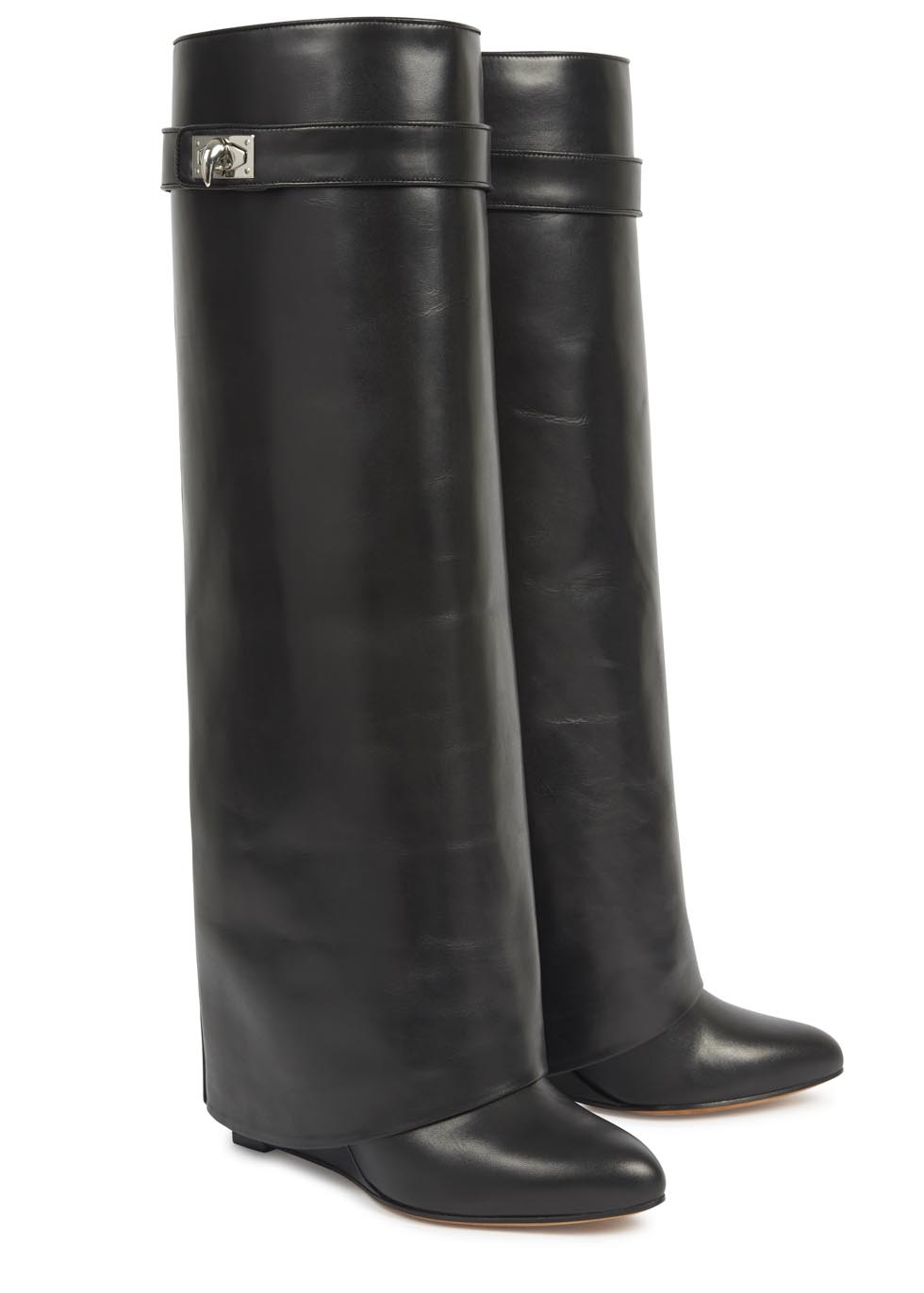 black leather knee high wedge boots