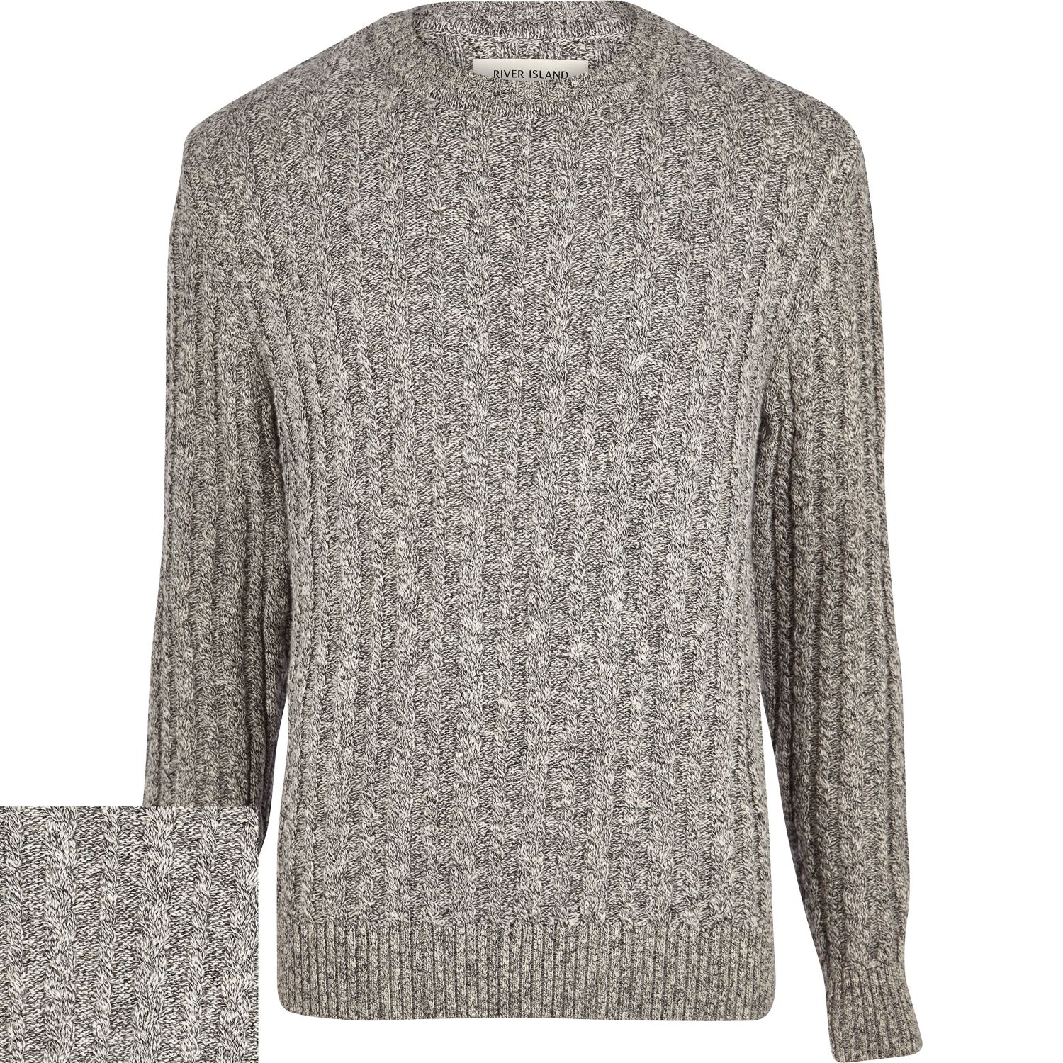 River Island Grey Twist Cable Knit Crew Neck Sweater in Gray for Men ...