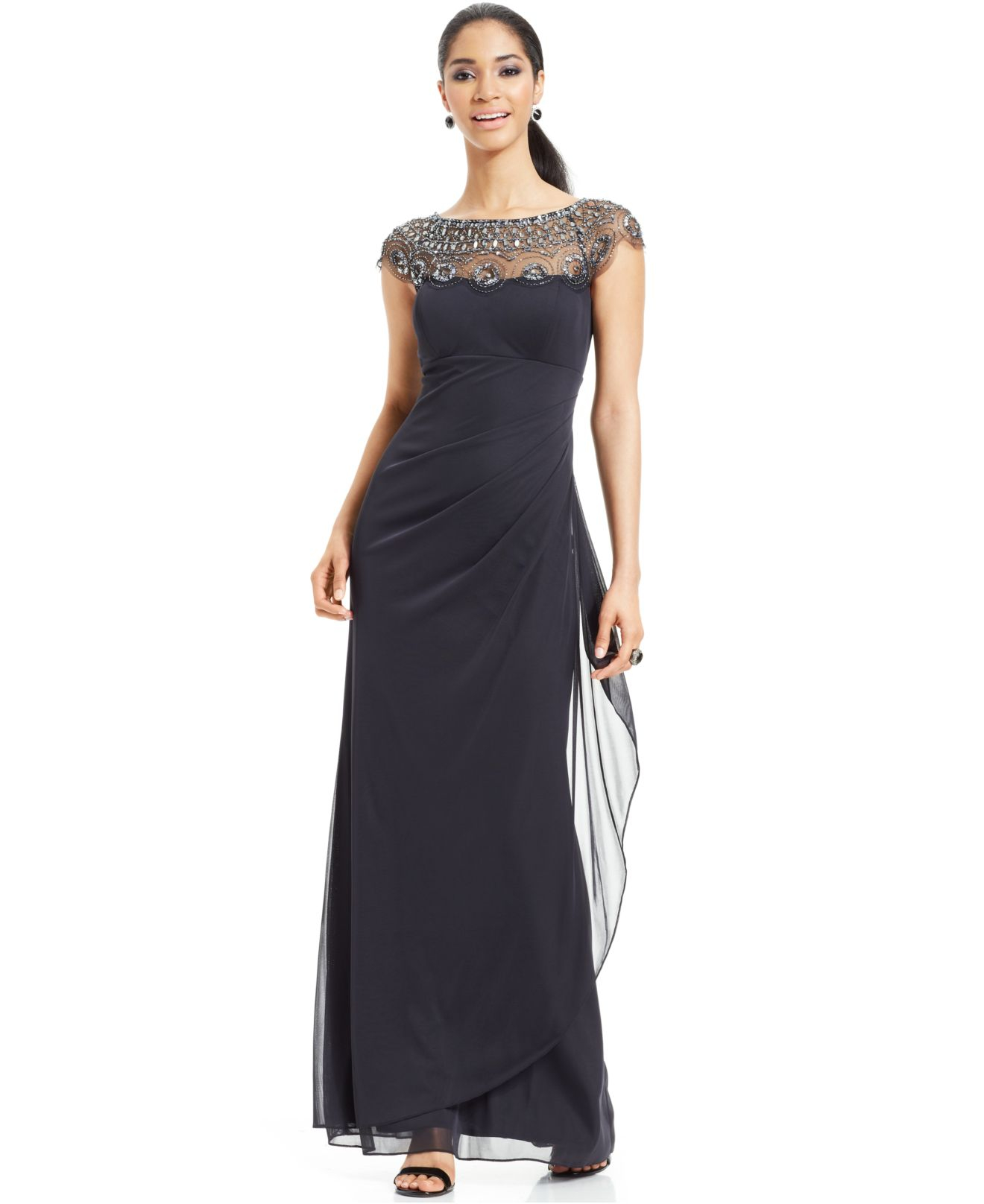 Lyst - Xscape Petite Cap-sleeve Illusion Beaded Gown in Gray