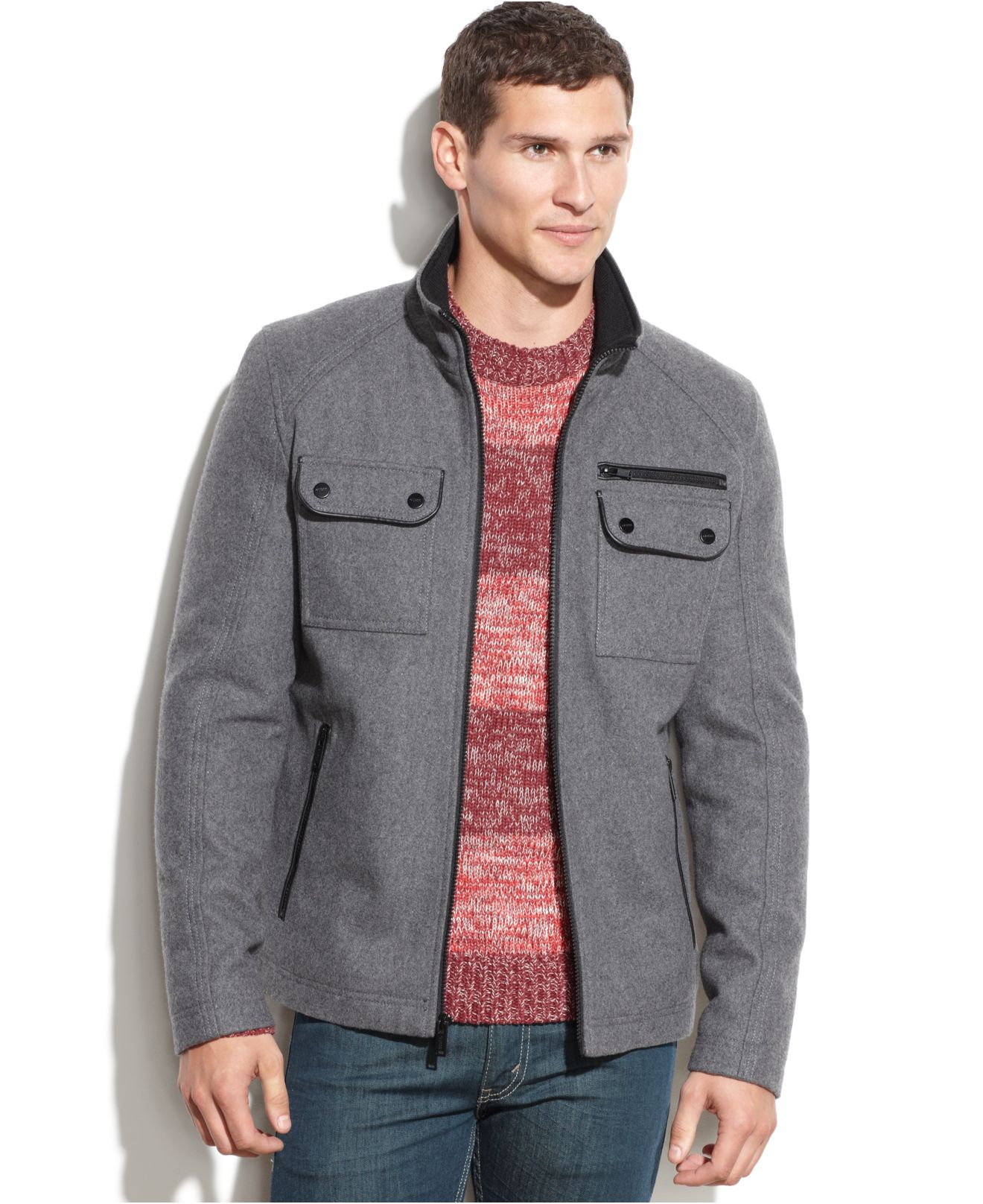 Guess Wool-Blend Faux-Leather-Trim Bomber Jacket in Gray for Men | Lyst