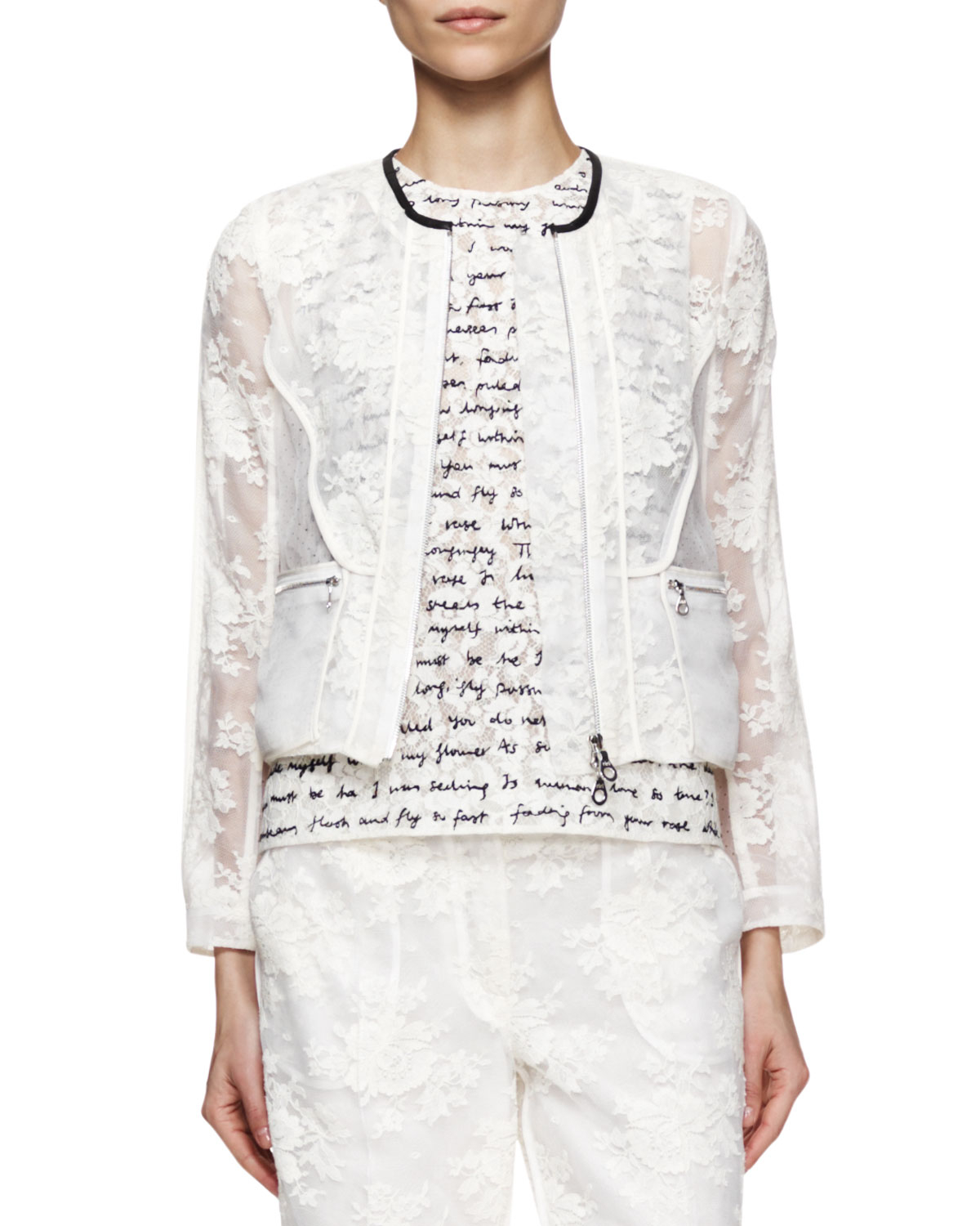 Lace Overlay Contrast Trim Long Jacket White Lace Overlay Contrast Trim Long Jacket White