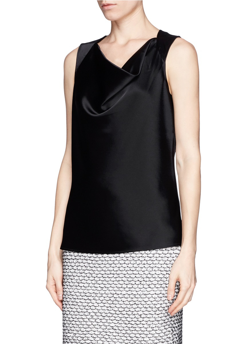 Lyst - St. John Cowl Neck Liquid Satin Sleeveless Top in Black