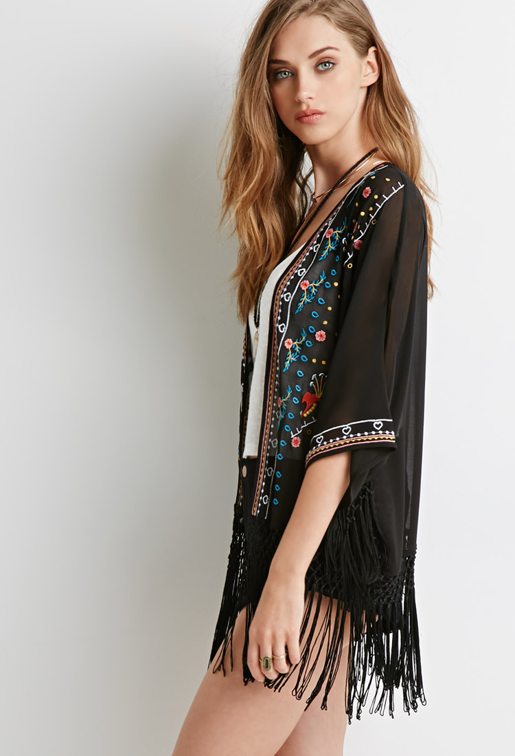 Lyst Forever 21 Embroidered Fringetrim Kimono in Black