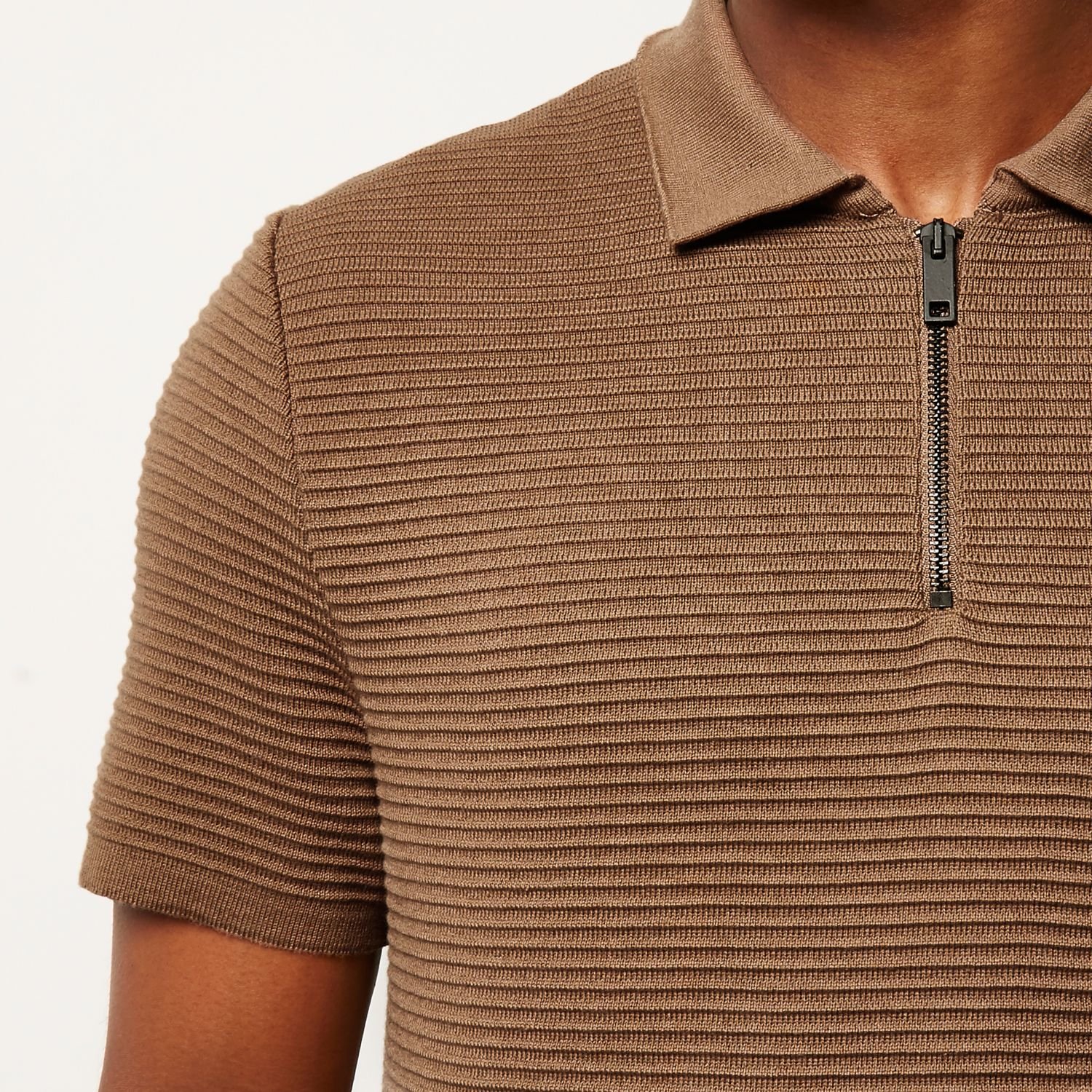 Lyst - River Island Light Brown Textured Zip Neck Polo Shirt in Brown ...