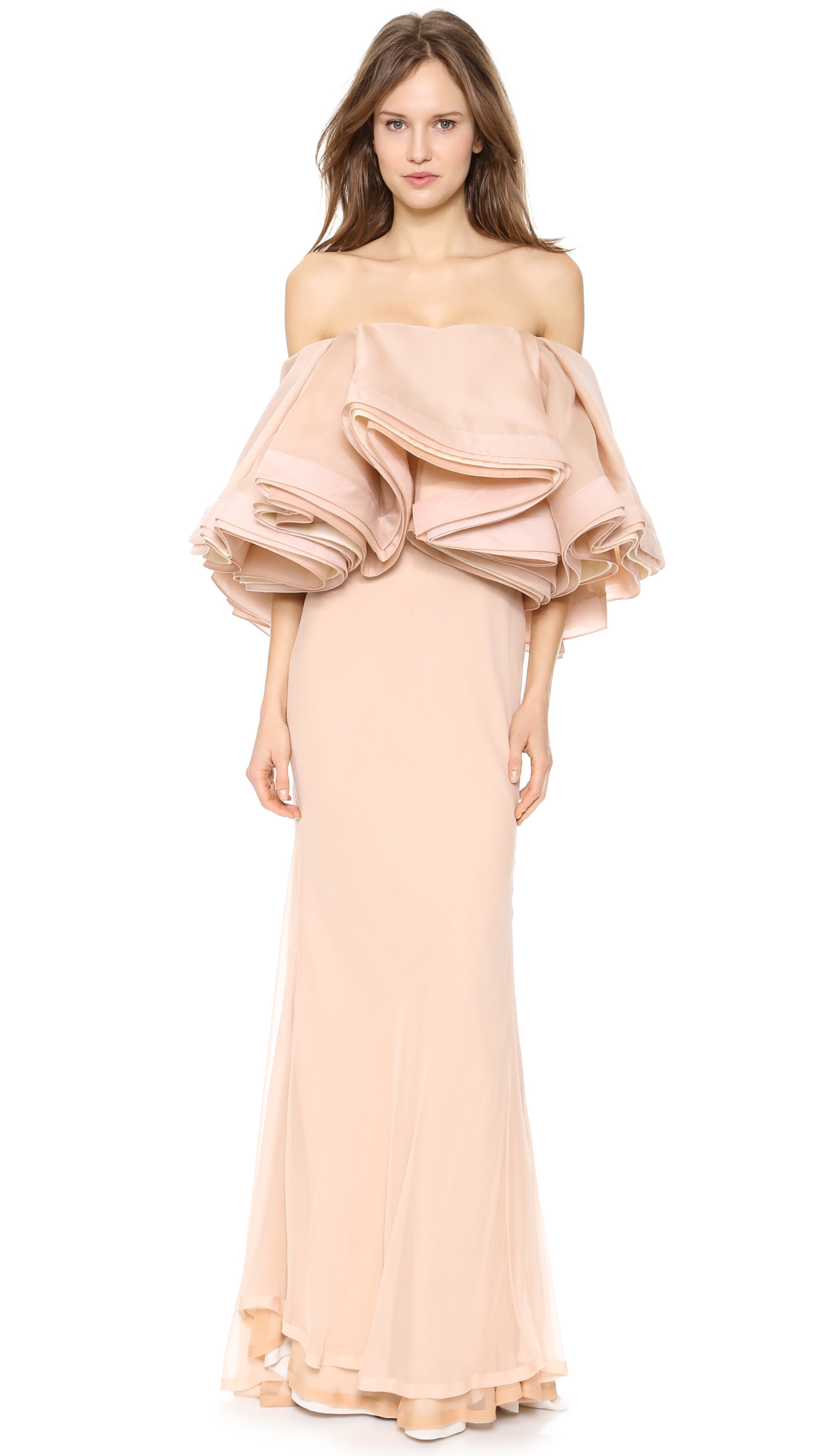 Lyst Zac Posen Silk Gown With Ruffle Bodice Apricot In Natural Gallery