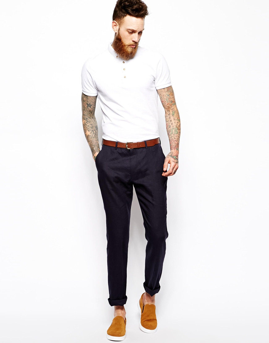 Asos Slim Fit Smart Trousers In 100 Linen In Blue For Men Lyst