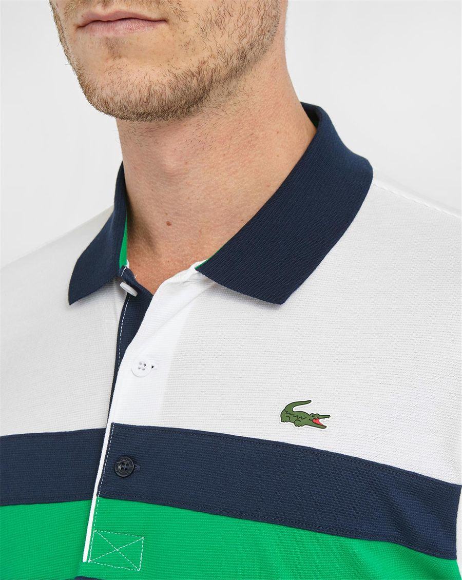 Lacoste White Sport Pique Knit Polo Shirt With Green And Blue Stripes ...