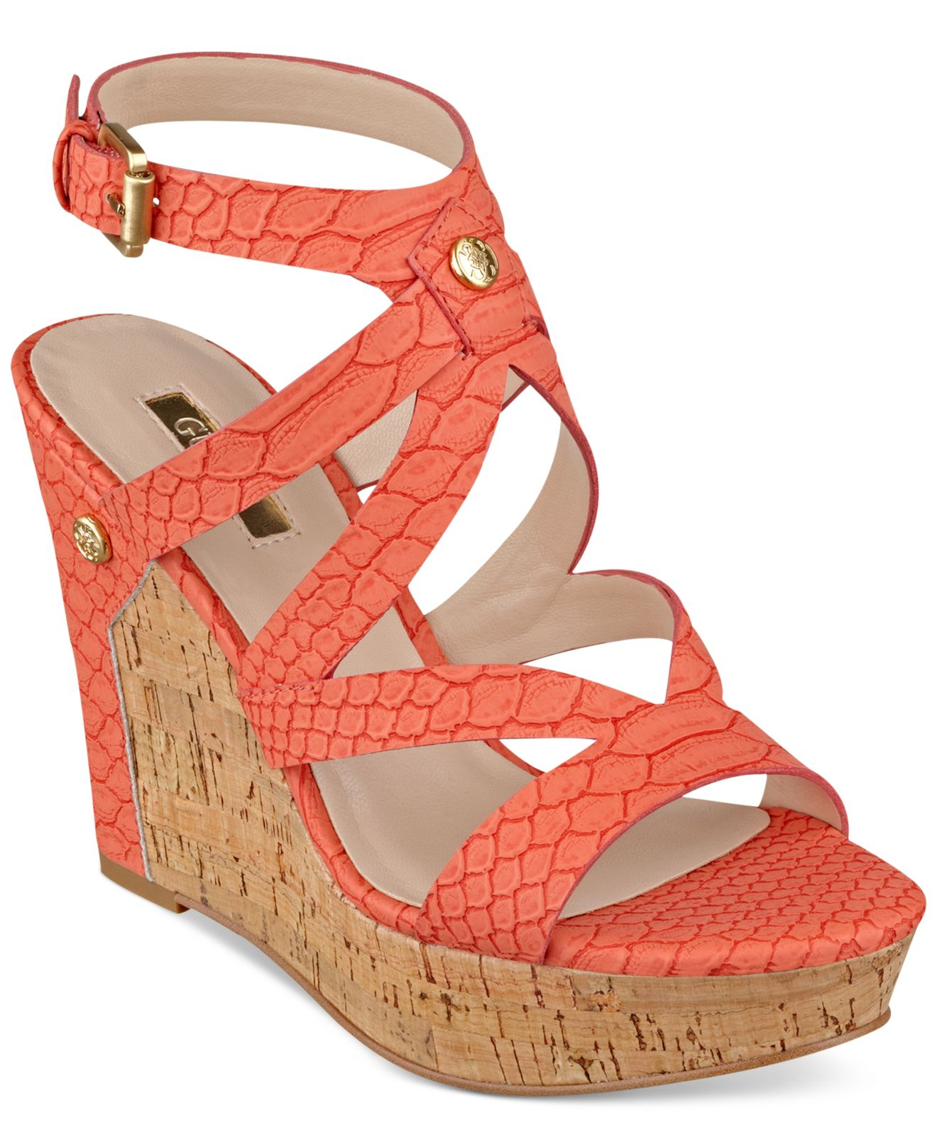 Lyst Guess Women'S Harlee Cork Platform Wedge Sandals in Orange
