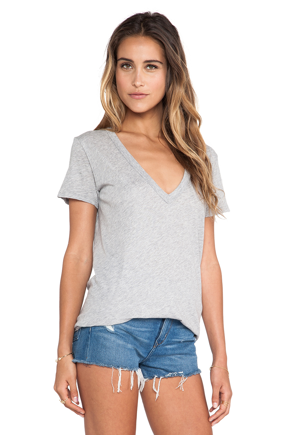 Download Enza costa Melange Jersey Loose Short Sleeve V Neck Tee in ...