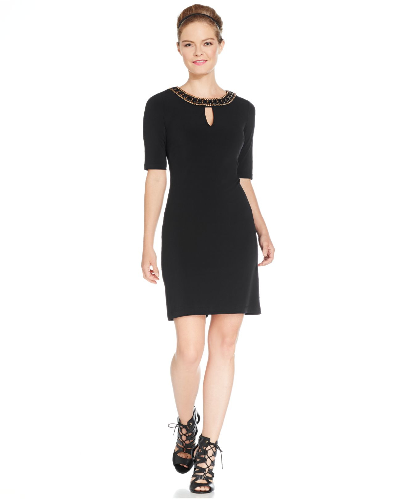 Lyst - Vince Camuto Embellished Keyhole Shift Dress in Black