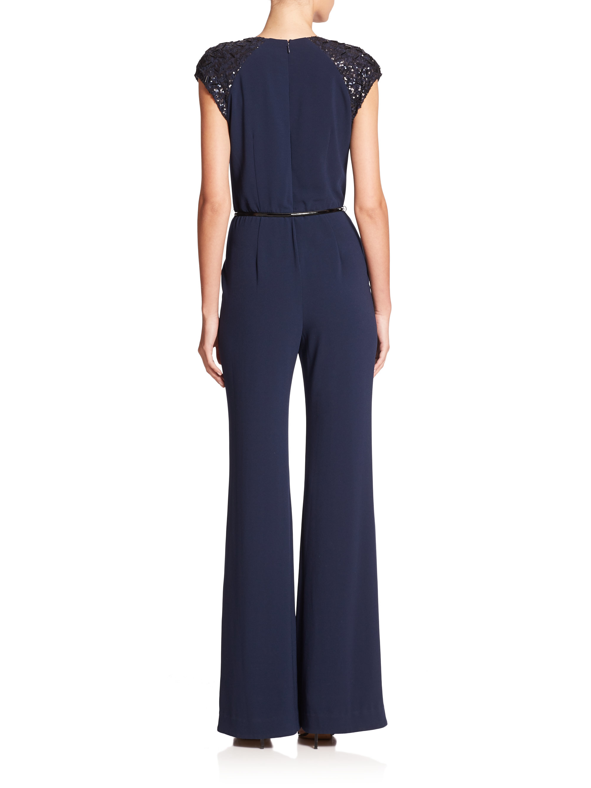 Lyst Halston Embellished Cap Sleeve Wide Leg Jumpsuit In Blue 