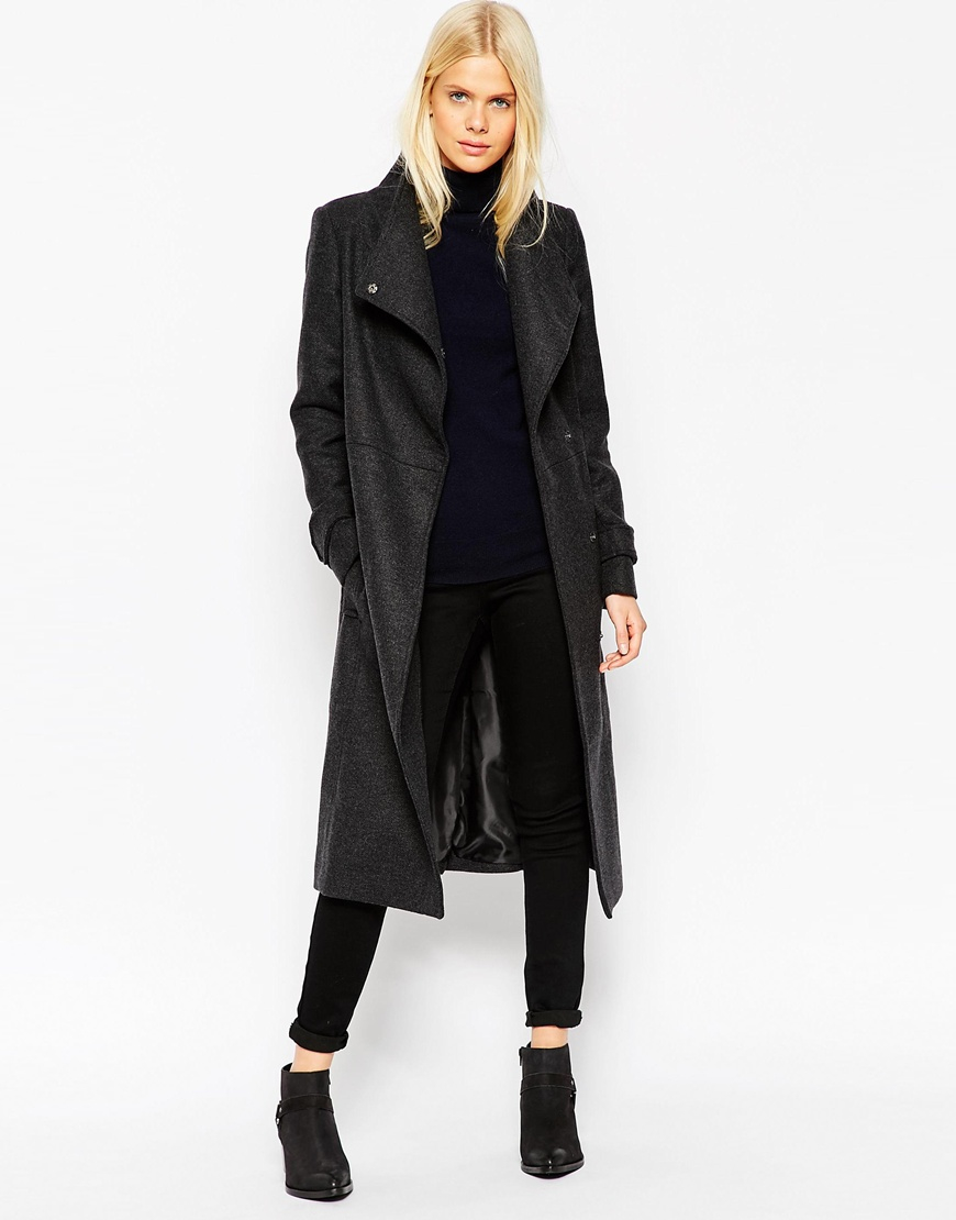 Lyst - Asos Coat With Funnel Neck And Belt In Wool in Gray
