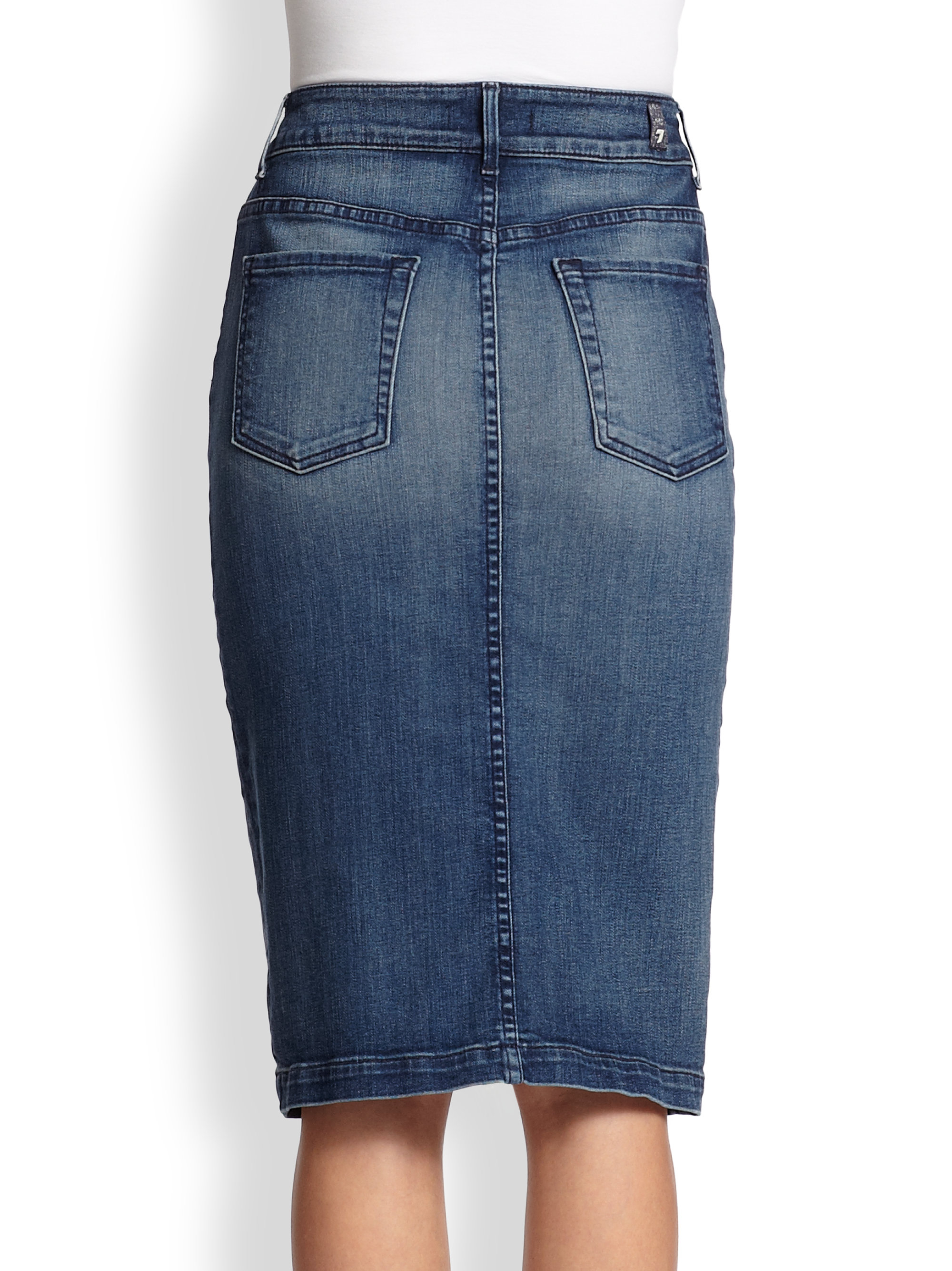 7 for all mankind Buttonfront Stretch Denim Pencil Skirt in Blue | Lyst