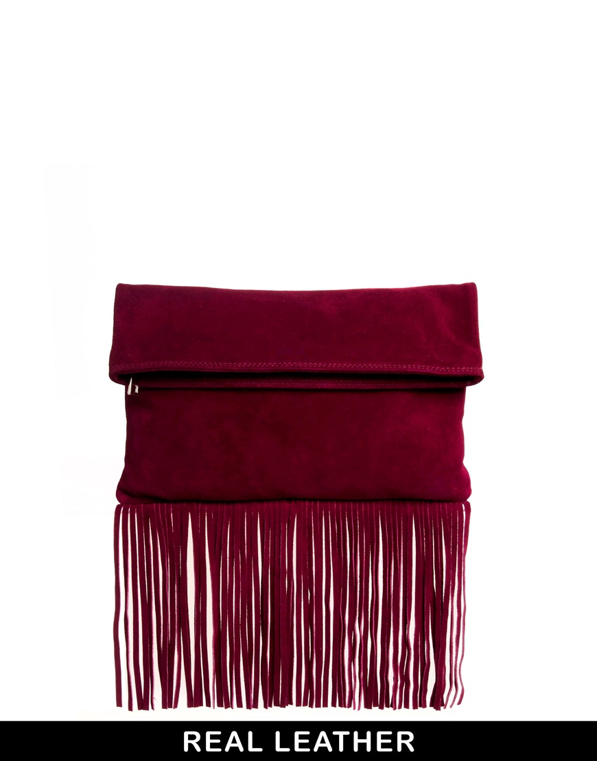 Asos Purple Suede Foldover Fringe Clutch Bag