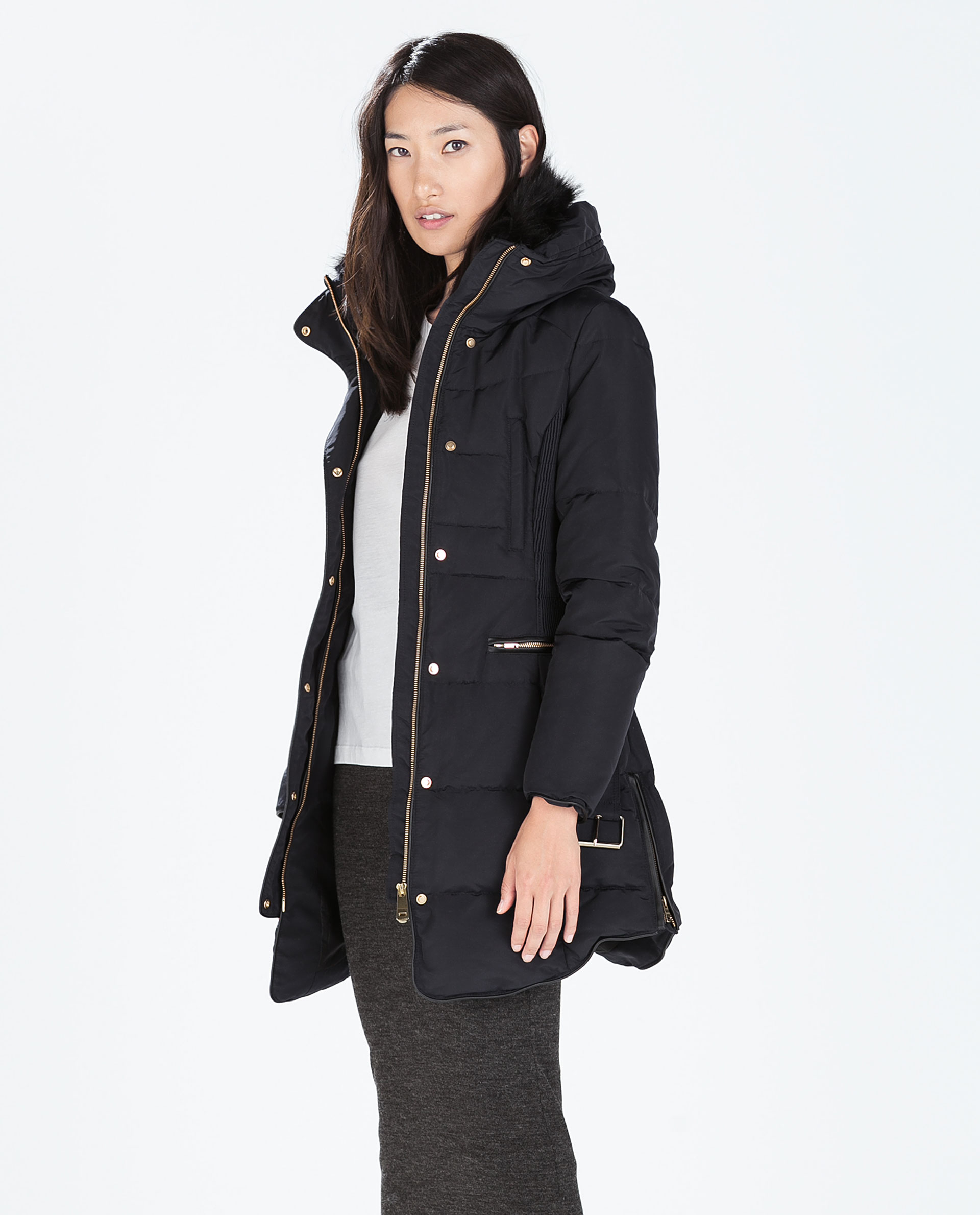 Zara Long Down Anorak With Fur Collar in Blue | Lyst