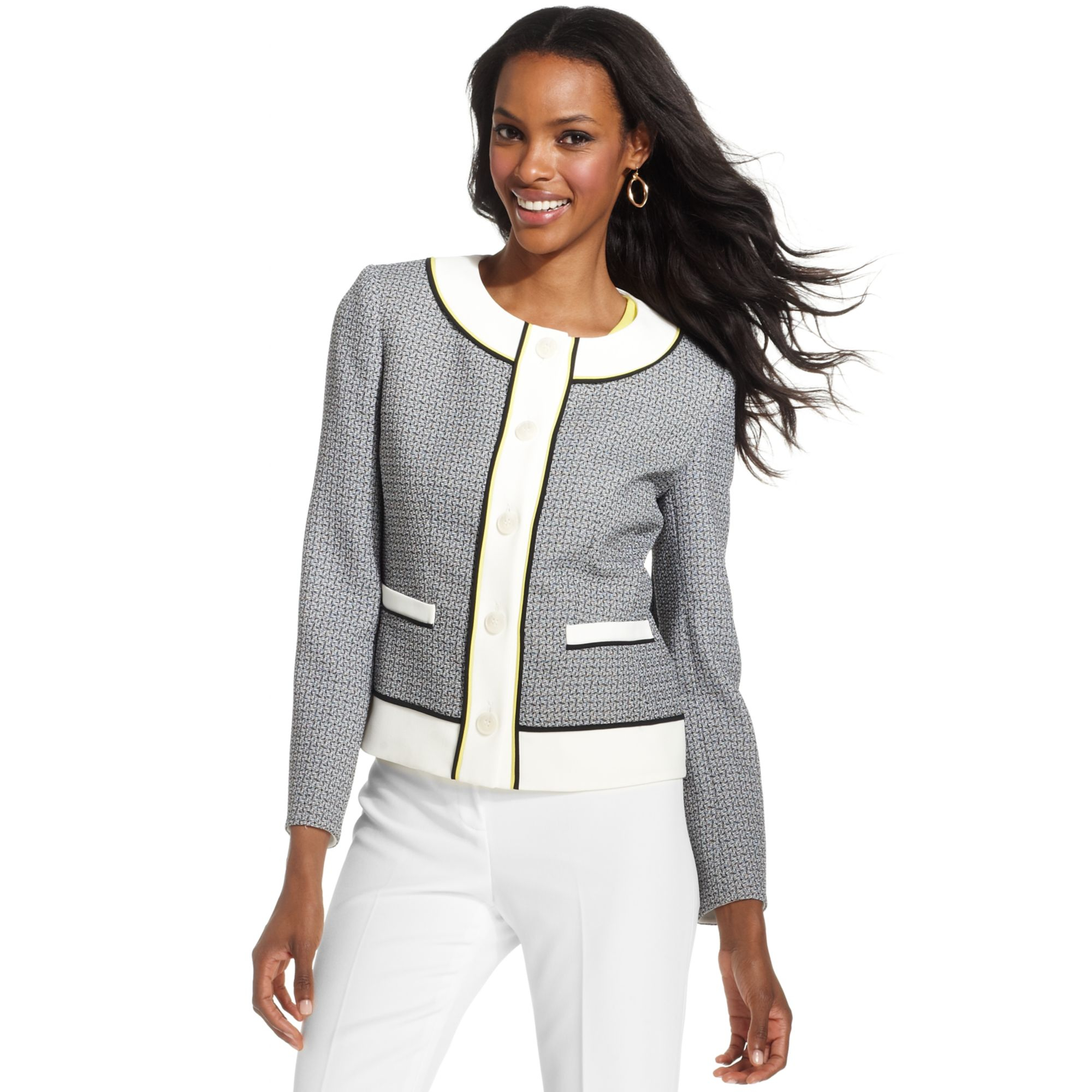 Lyst - Anne Klein Collarless Tweed Contrasttrim Jacket in Gray