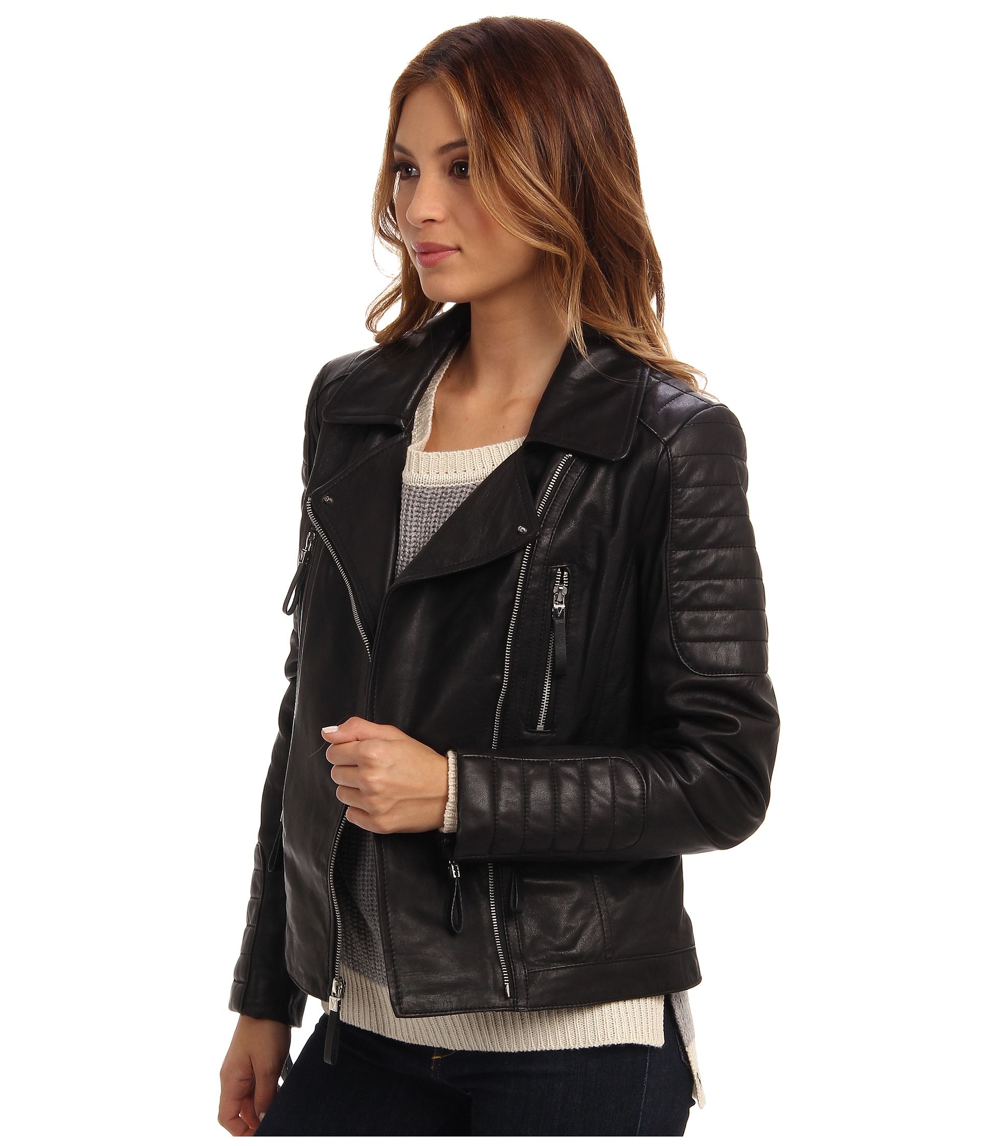 Lyst Vince Camuto Leather Moto Jacket With Quilted Patches In Black Gallery