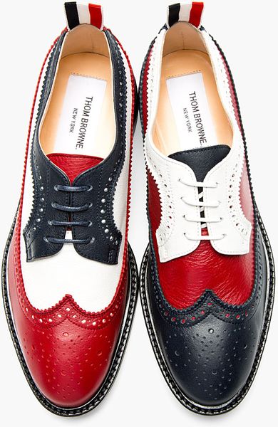 Thom Browne Red, White, And Navy Leather Longwing Brogues in Red | Lyst