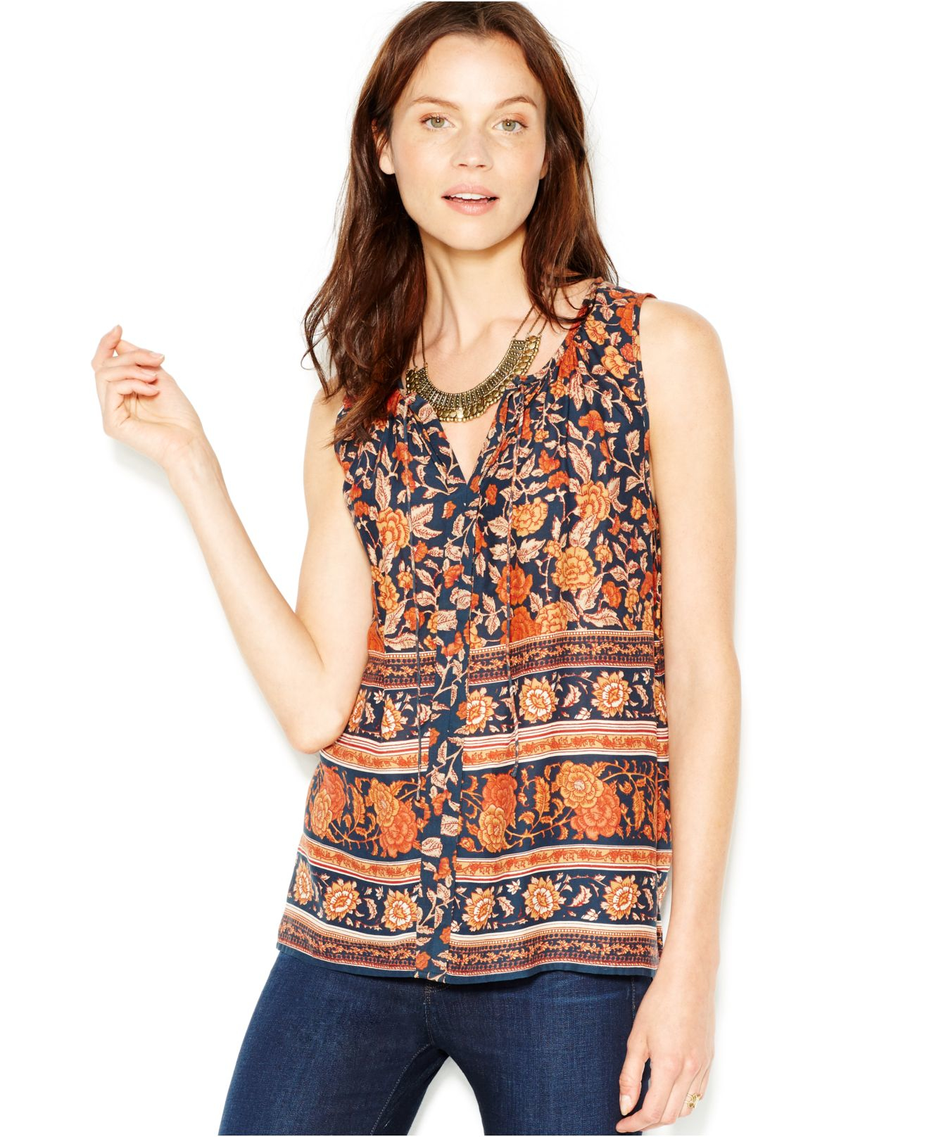 Lucky brand Lucky Brand Printed Tassel-tie Top in Brown | Lyst