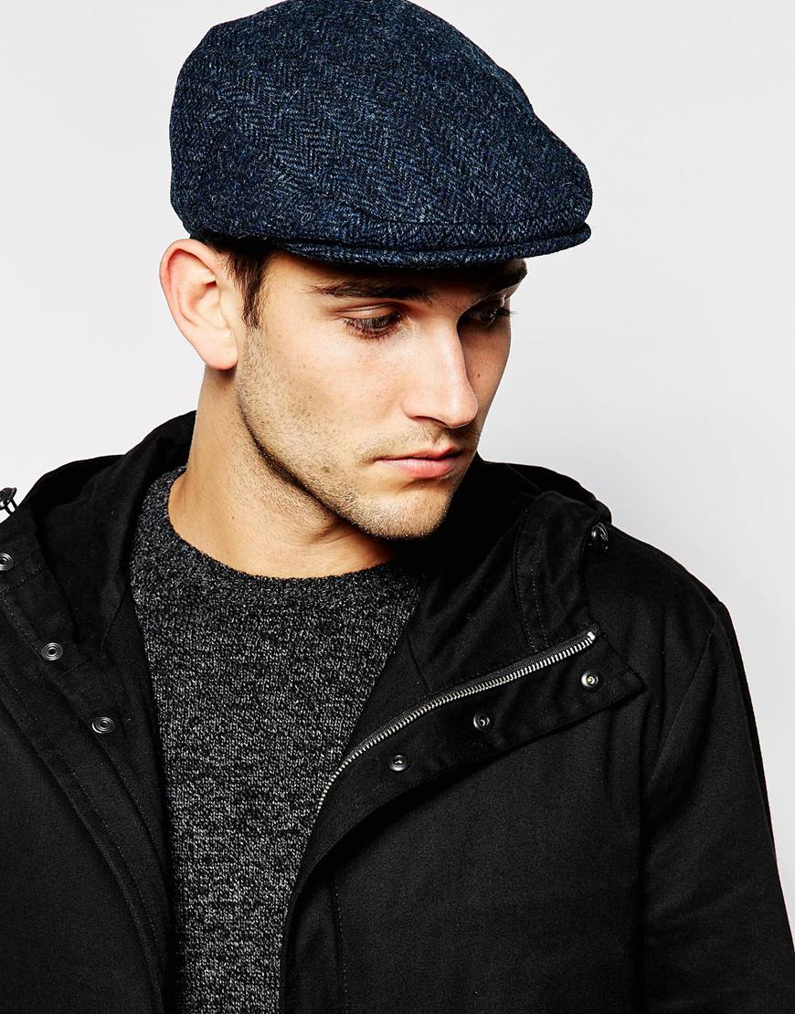 Asos Flat Cap In Blue Harris Tweed In Blue For Men | Lyst