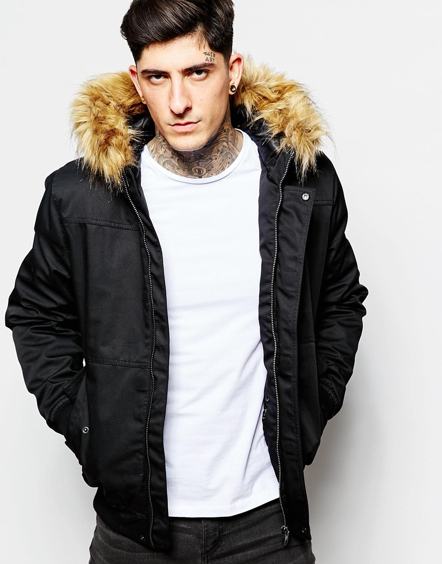 Minimum Bomber Jacket With Faux Fur in Black for Men | Lyst