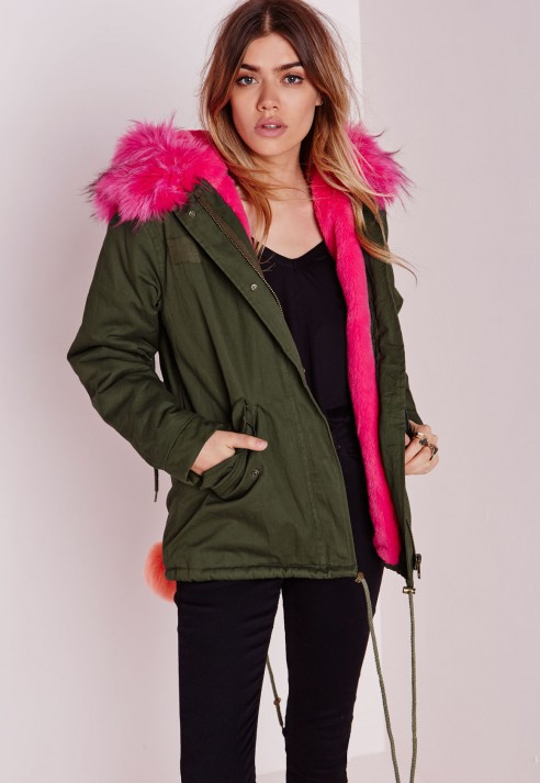 Missguided Fur Hood Short Parka Coat Khaki/hot Pink in Green | Lyst