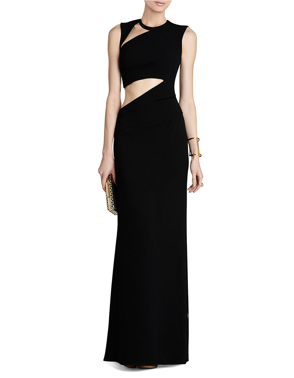 bcbgmaxazria raven pleated cutout gown