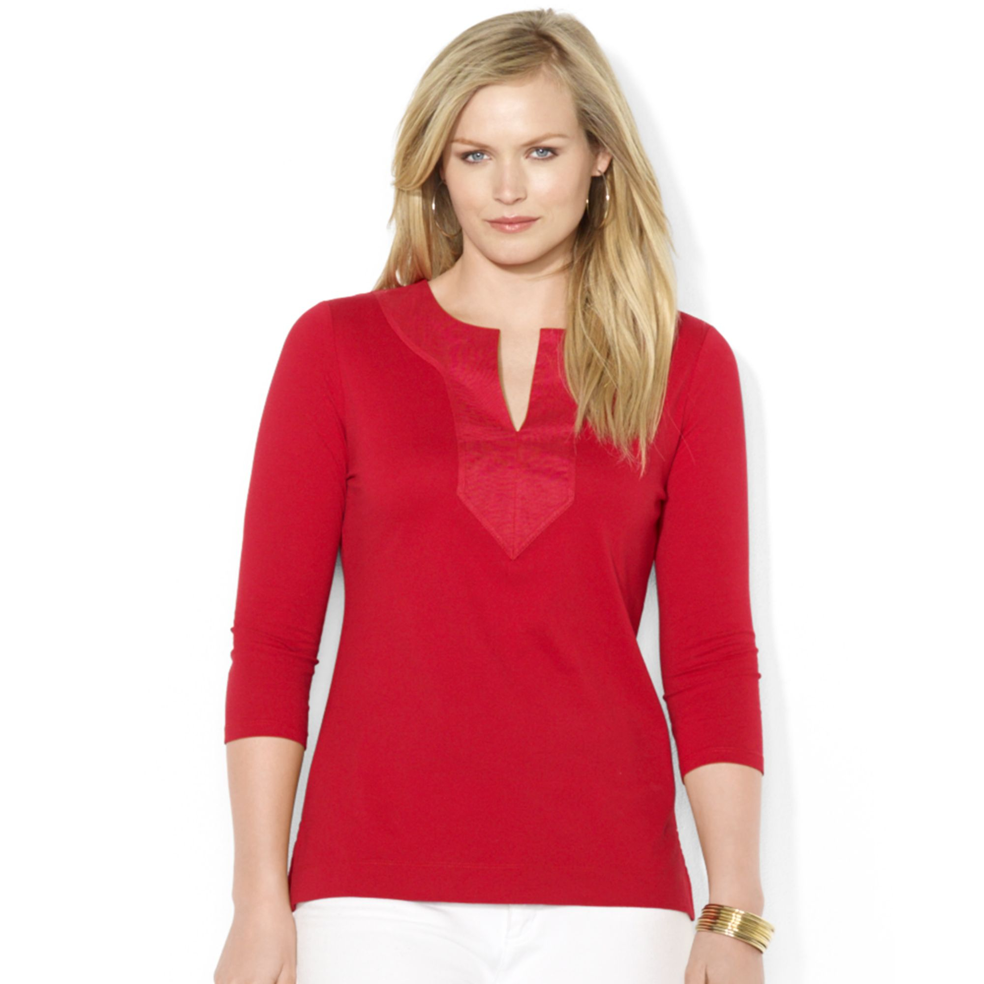 Lyst Lauren By Ralph Lauren Plus Size Threequartersleeve Tunic In Red