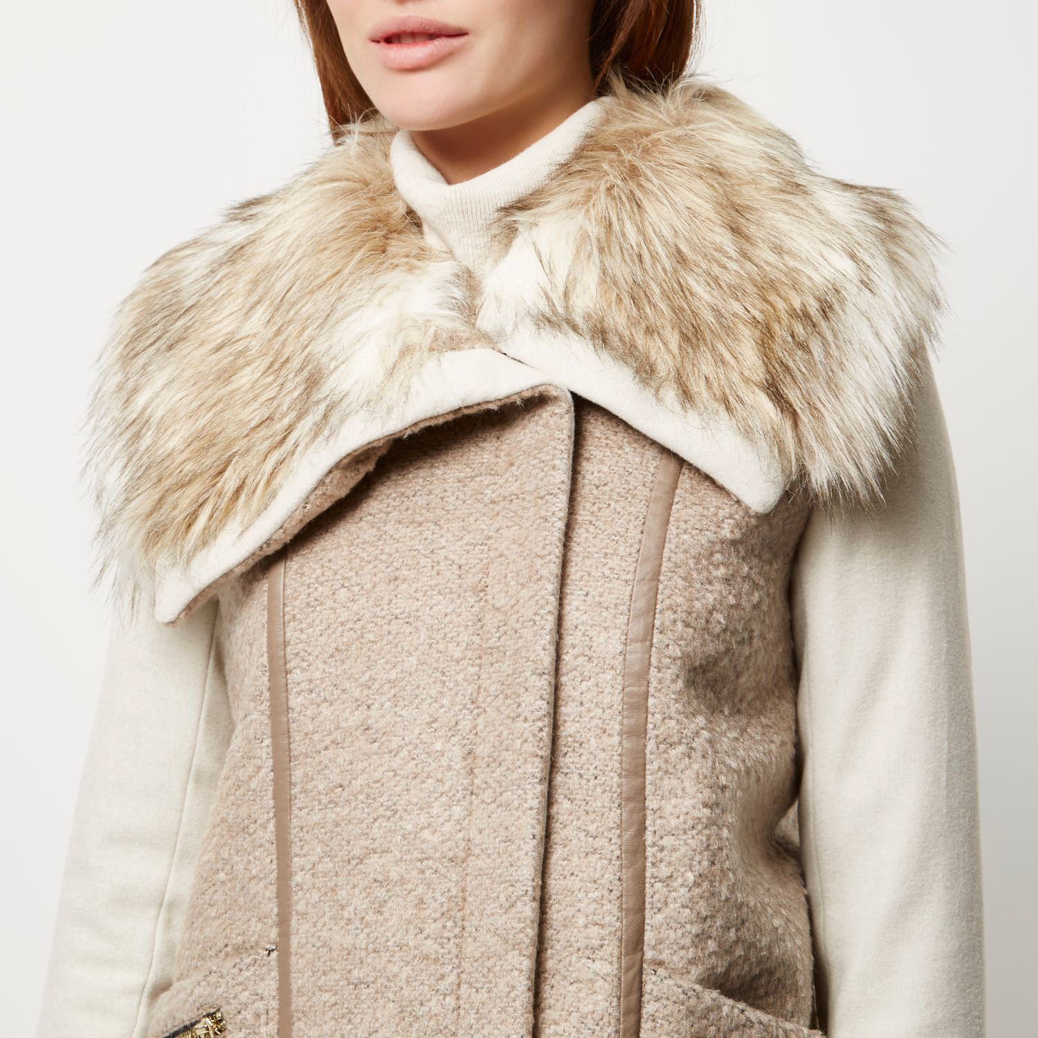 River Island Beige Woolblend Faux Fur Collar Winter Coat in Natural Lyst