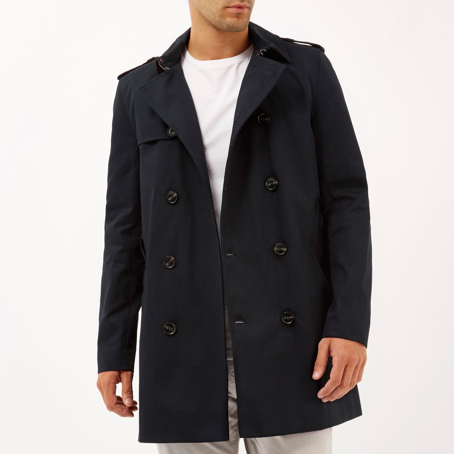 River island Navy Double Breasted Military Trench Coat in Blue for Men ...
