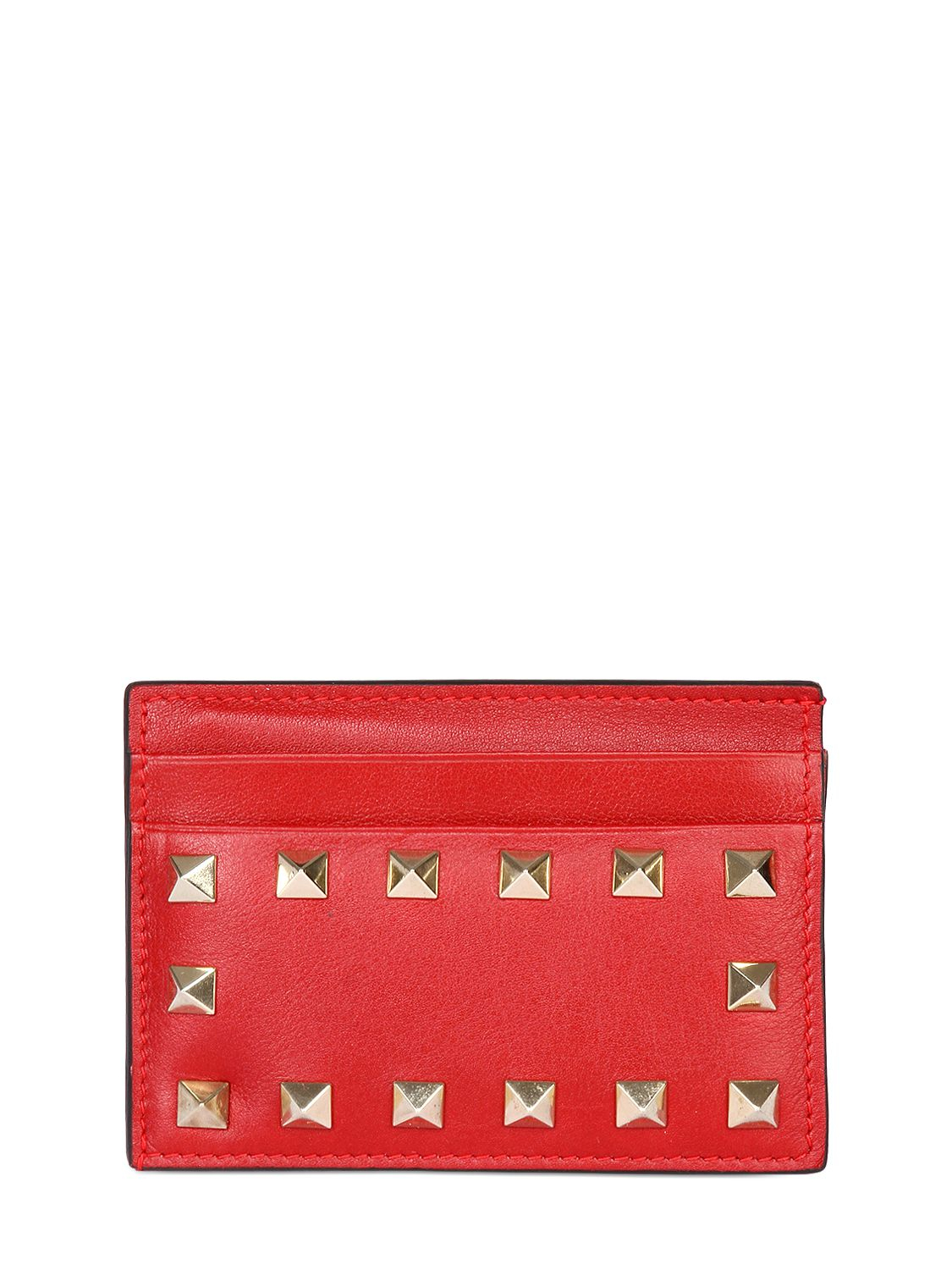 Valentino Rockstud Leather Card Holder in Red (RED VALENTINO)