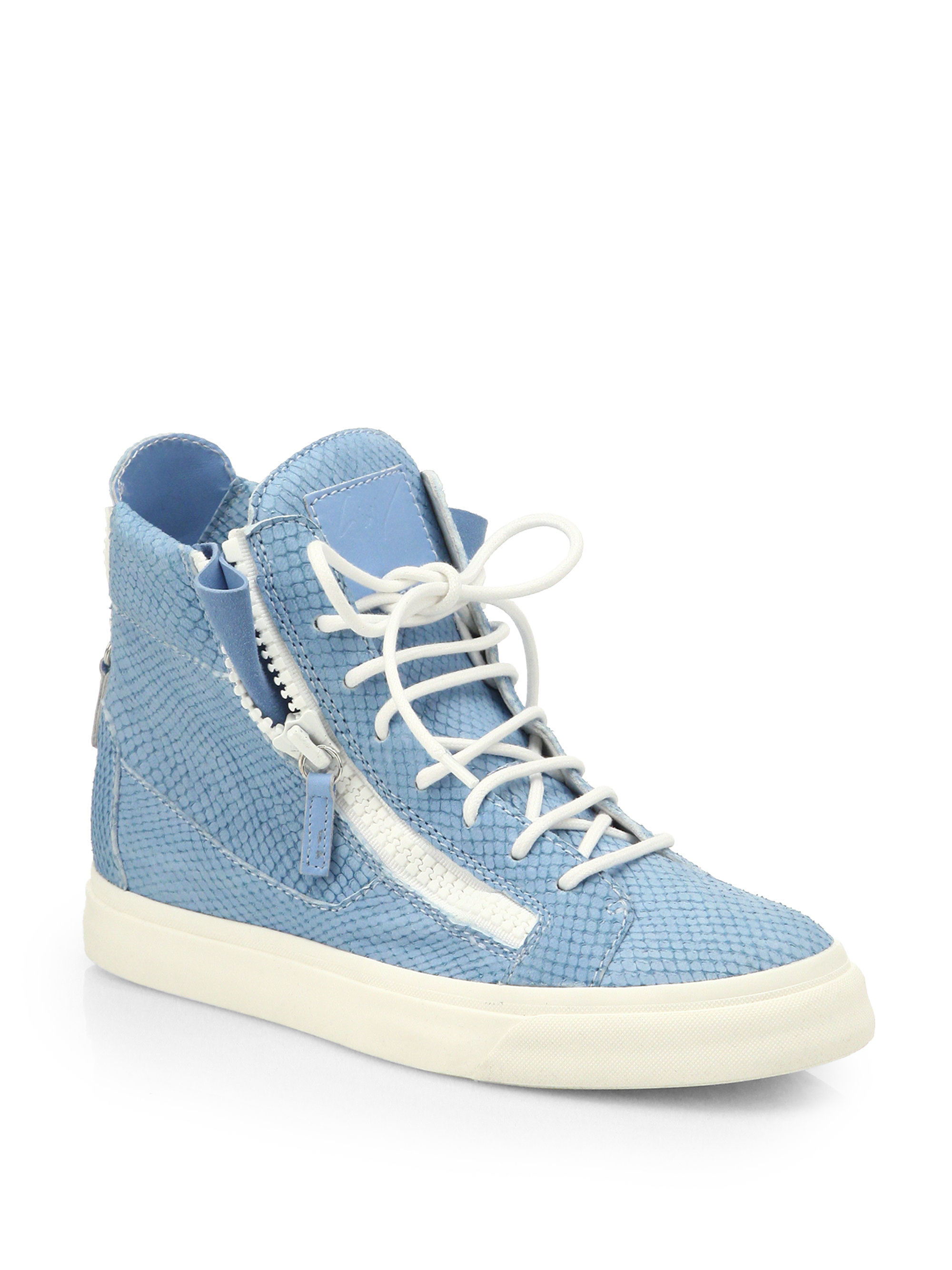 Giuseppe zanotti Snake-Embossed Leather High-Top Sneakers in Blue | Lyst