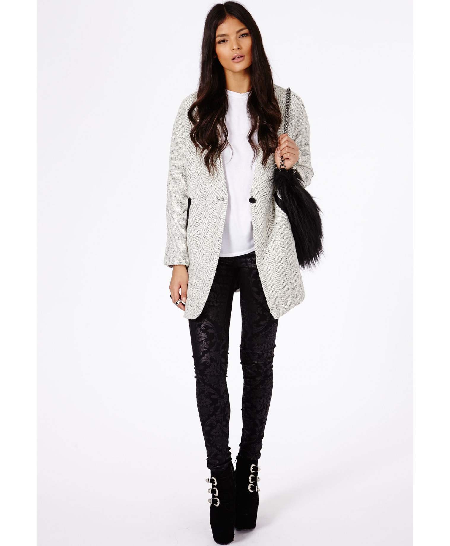 Missguided Petera Tweed Boyfriend Coat with Faux Leather Trim in ...