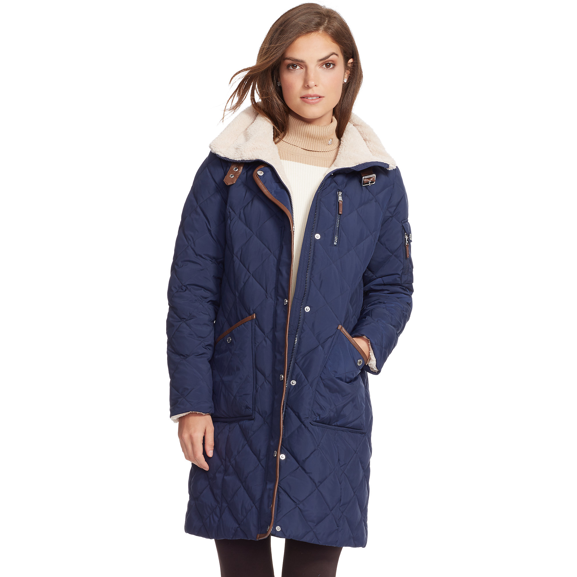 Lyst Ralph Lauren Faux Leather Trim Down Coat In Blue Gallery