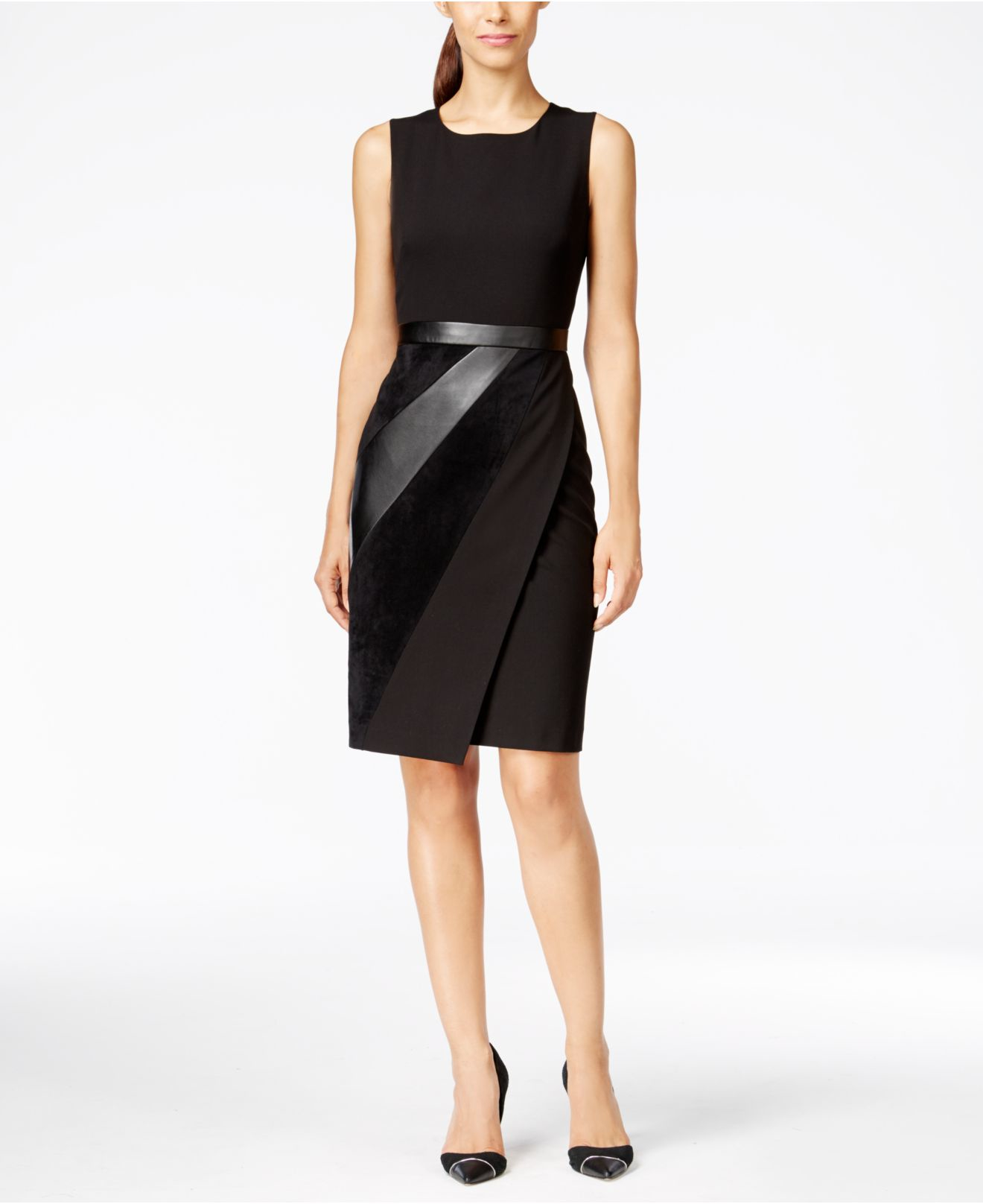 Lyst - Calvin Klein Faux-leather Combo Wrap Dress in Black