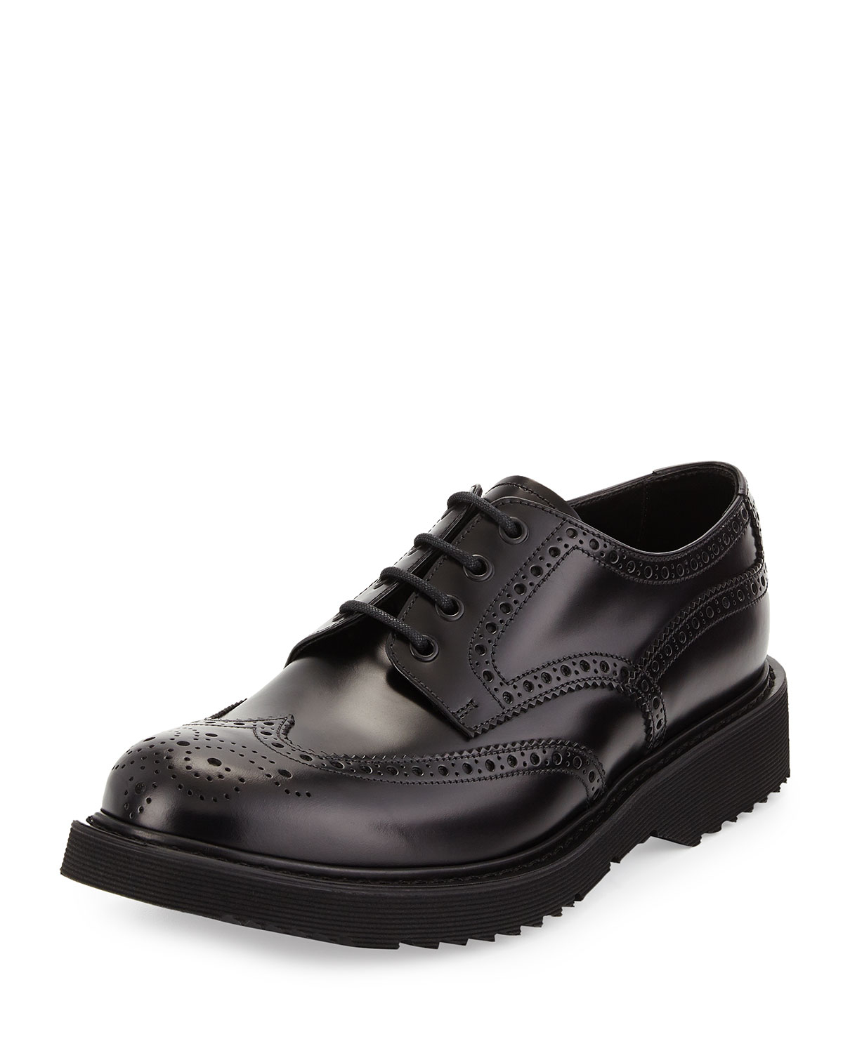 Prada Rubber-Sole Wing-Tip Derby Shoes in Black | Lyst