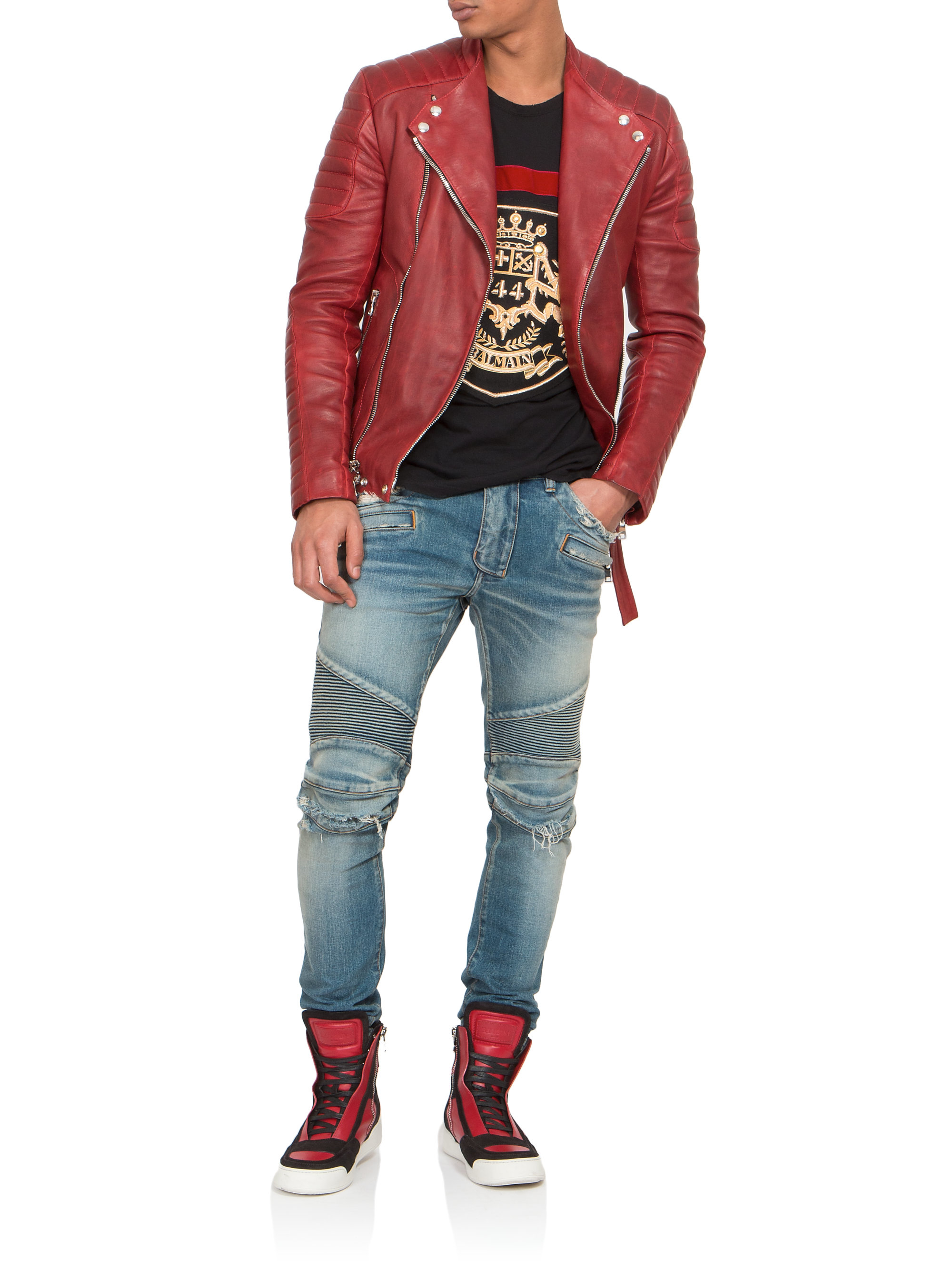 Lyst - Balmain Quilted Leather Biker Jacket in Red for Men