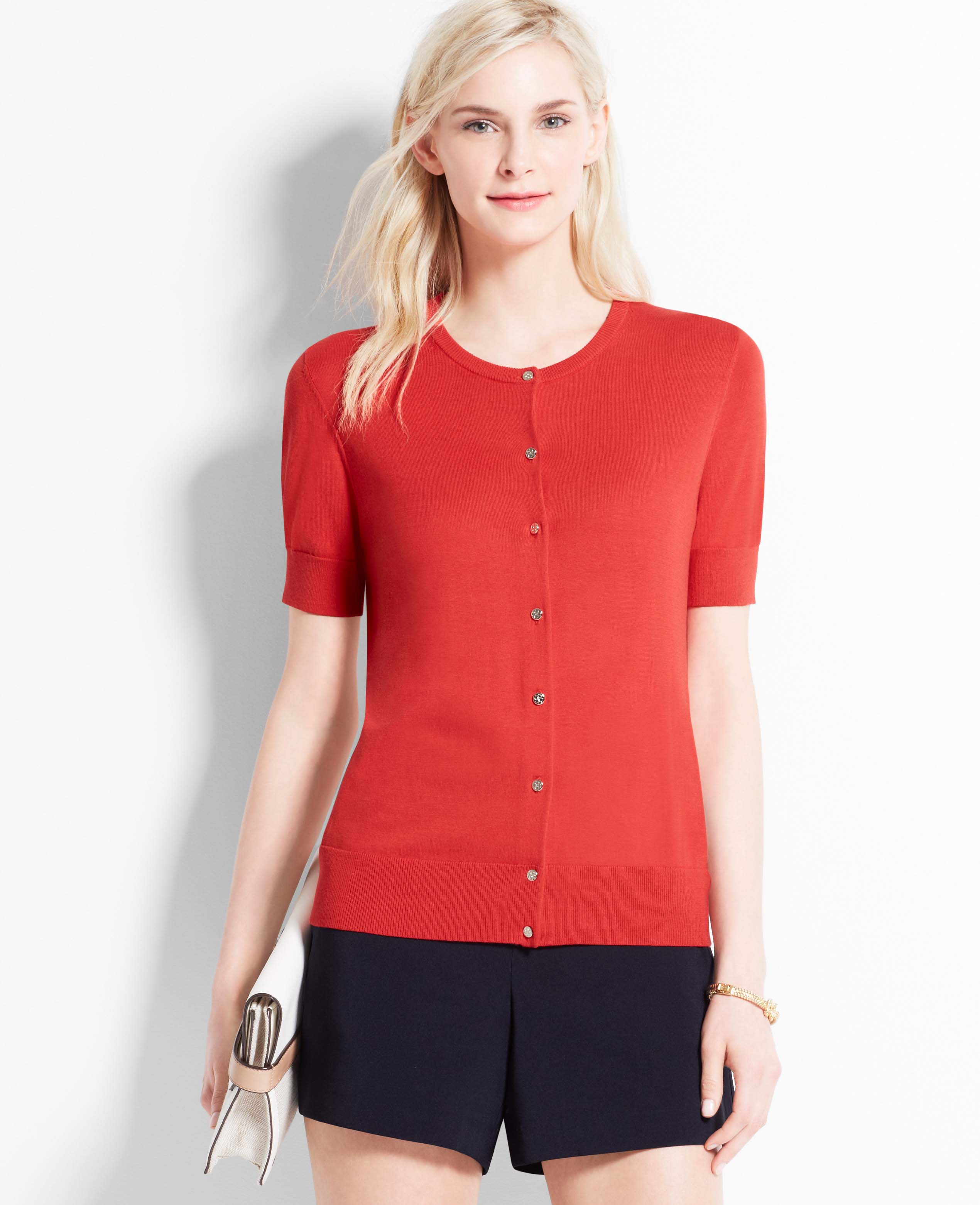 Ann taylor Short Sleeve Ann Cardigan in Red Lyst