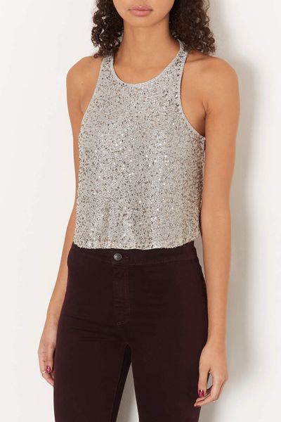 Topshop Petite All Over Sequin Shell Top in Silver | Lyst