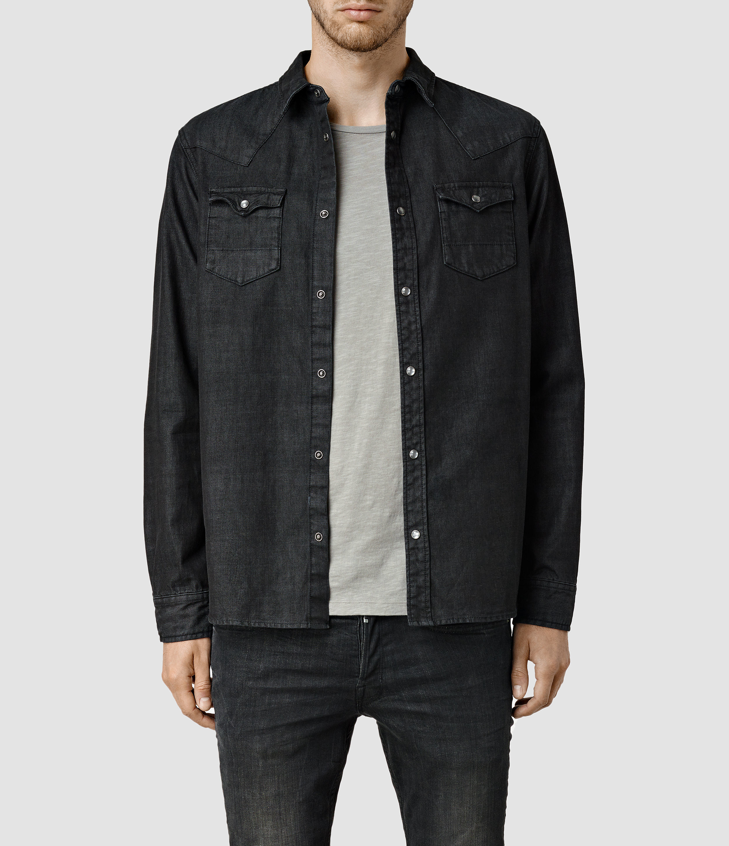 denim shirt black pants