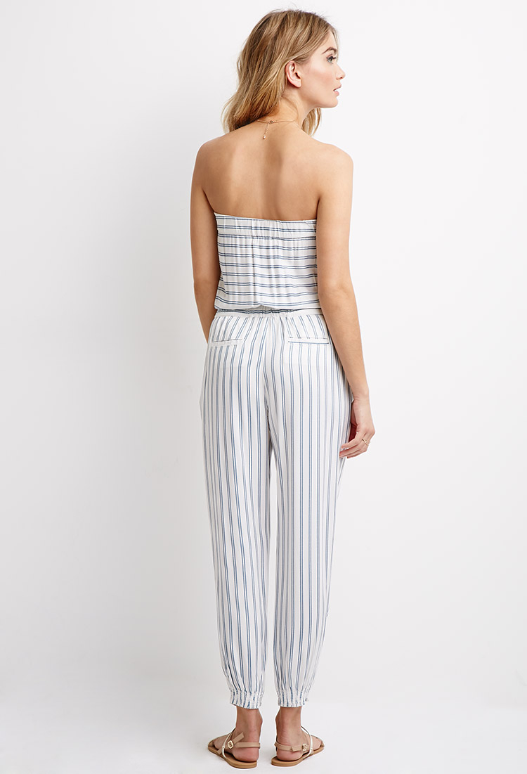 Forever 21 Contemporary Striped Strapless Jumpsuit In Blue Lyst
