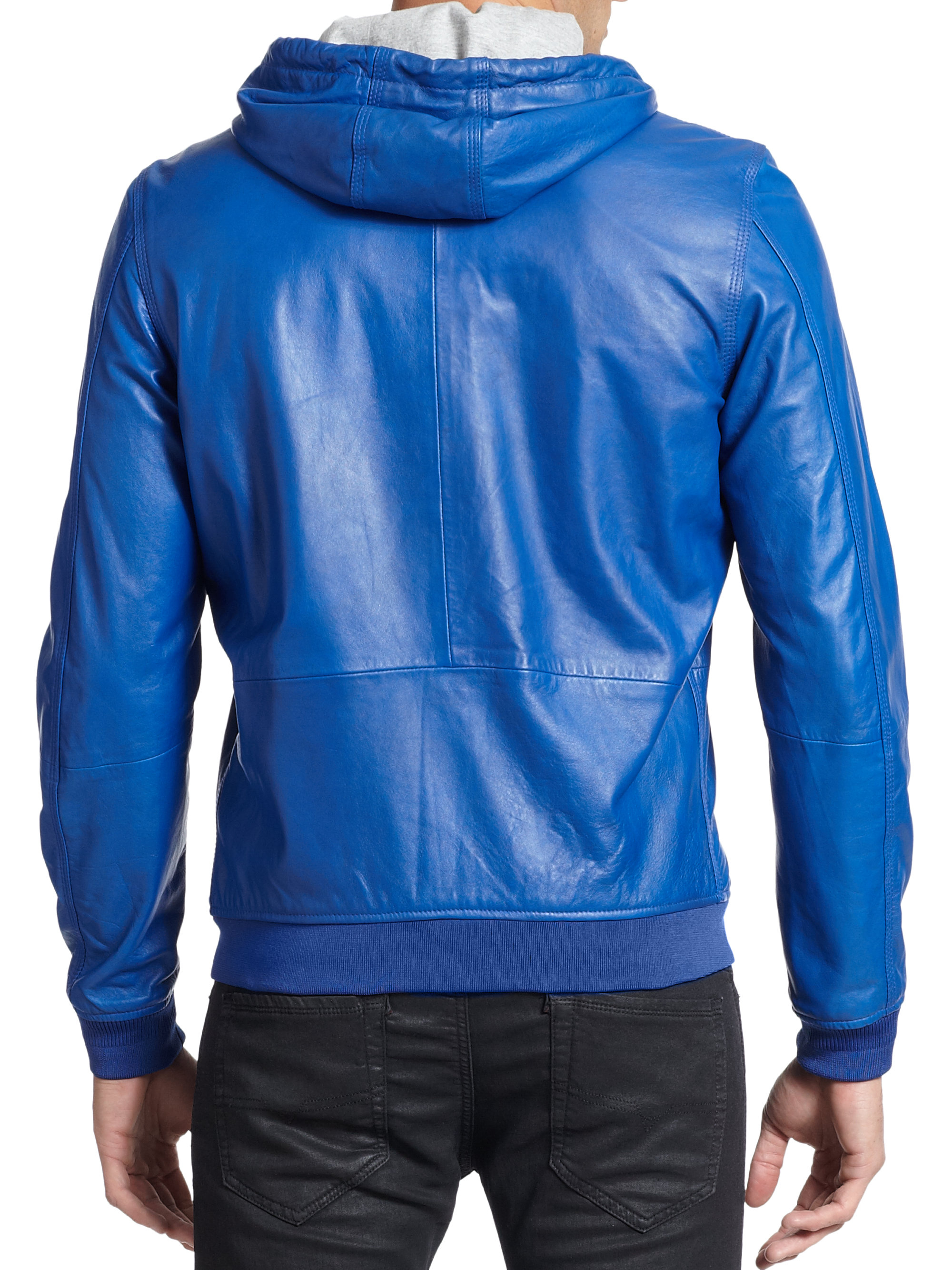 Diesel Hooded Leather Bomber Jacket in Blue for Men | Lyst