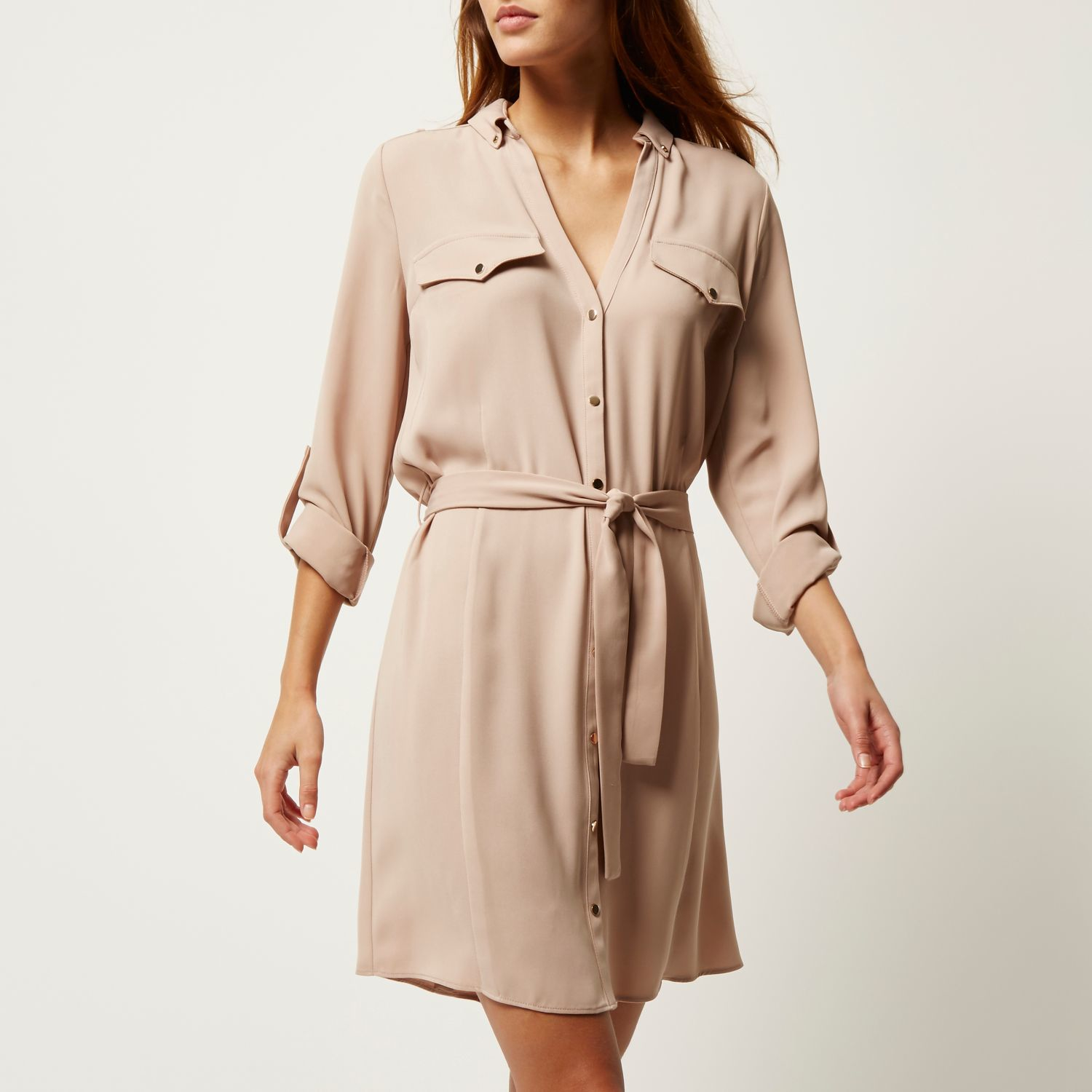 River island Beige  Crepe Military Shirt  Dress  in Natural 